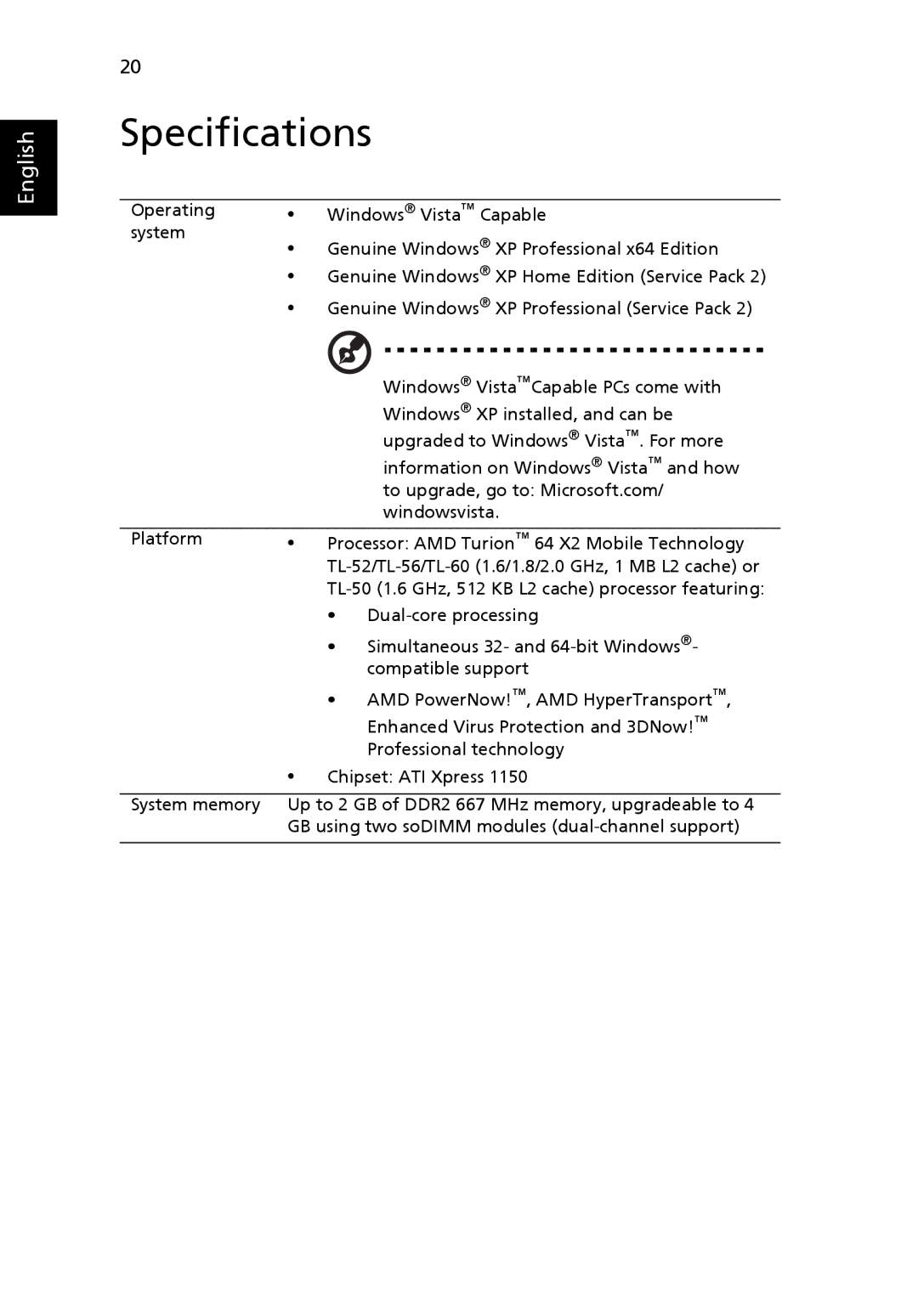 Acer 5000 Series manual Specifications 