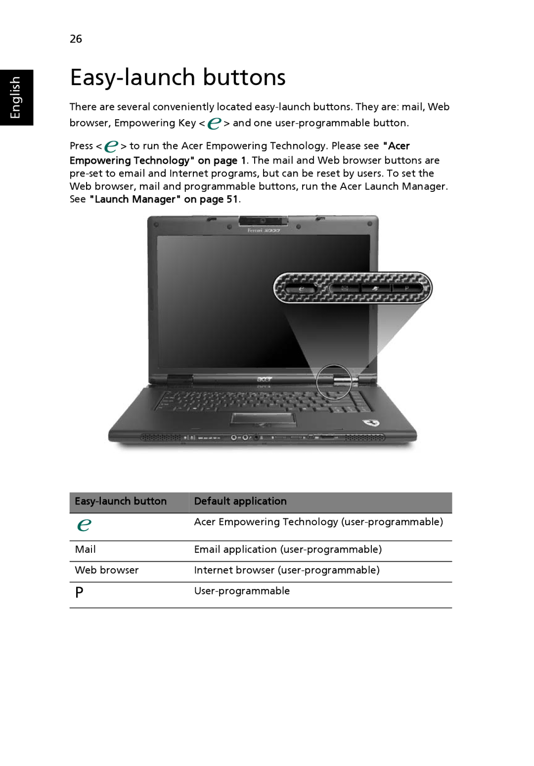 Acer 5000 Series manual Easy-launch buttons, Easy-launch button Default application 