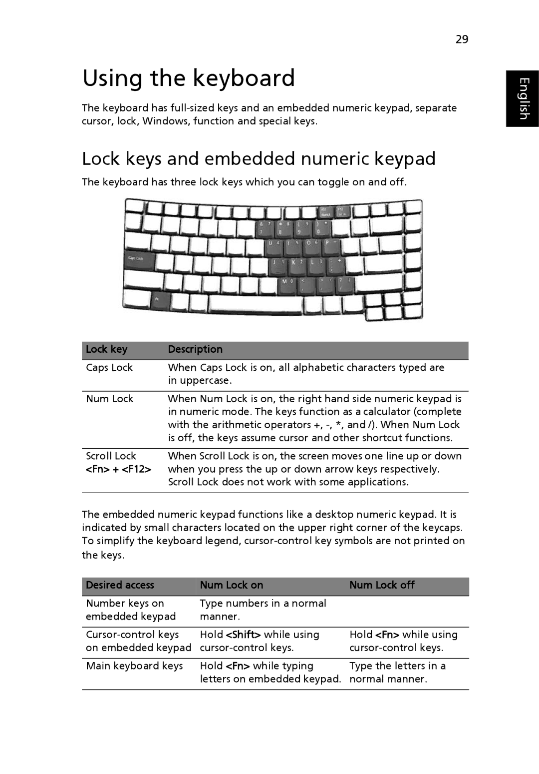 Acer 5000 Series manual Using the keyboard, Lock keys and embedded numeric keypad, Lock key Description, Fn + F12 