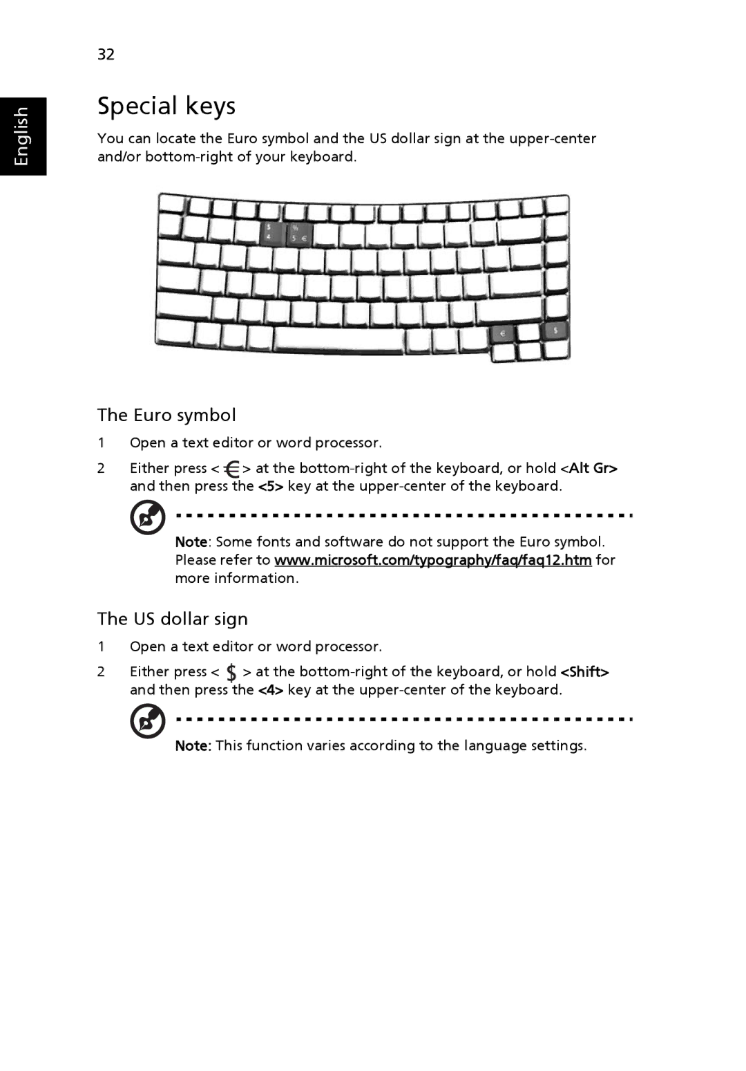 Acer 5000 Series manual Special keys, Euro symbol, US dollar sign 