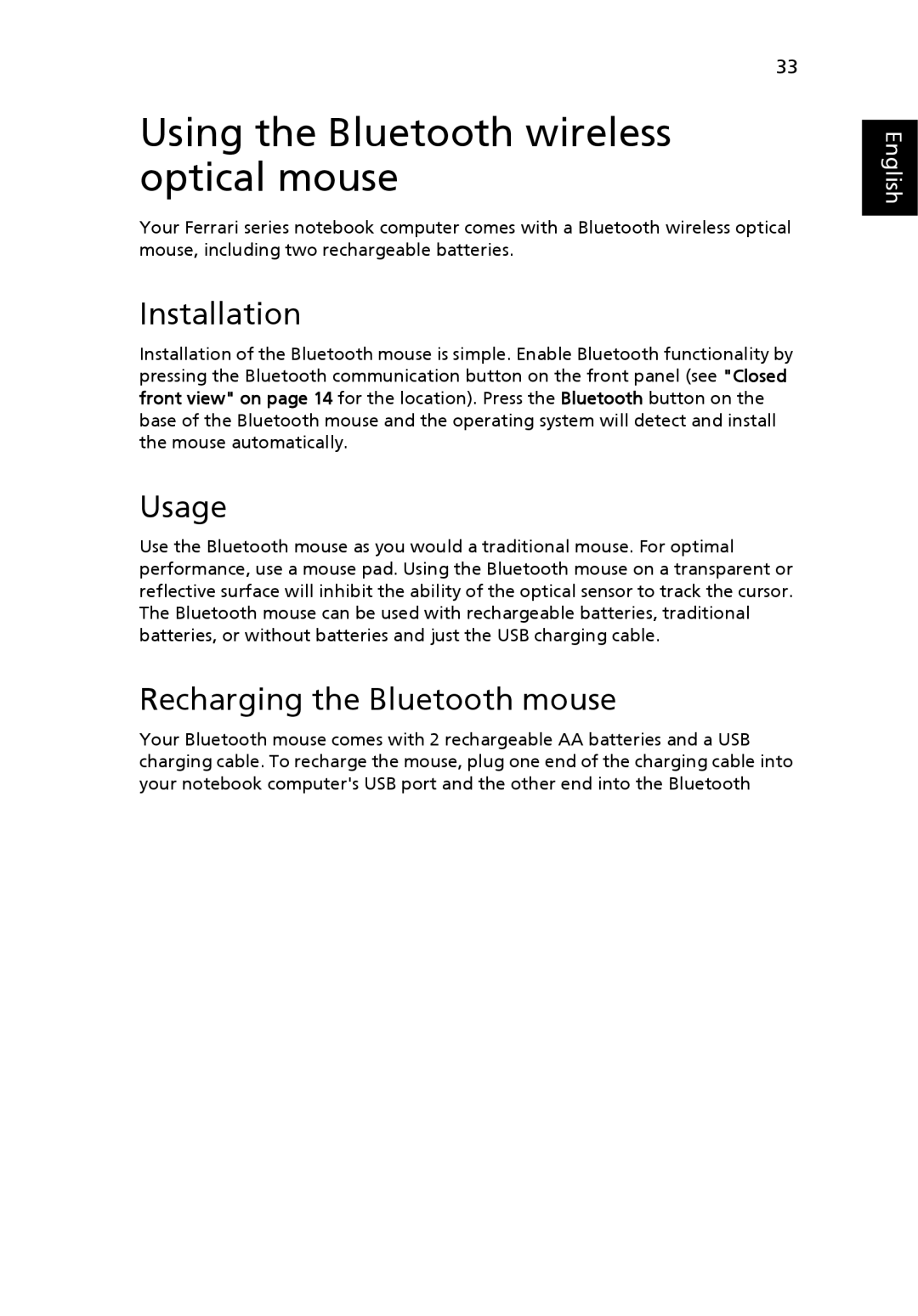 Acer 5000 Series manual Using the Bluetooth wireless optical mouse, Installation, Usage, Recharging the Bluetooth mouse 