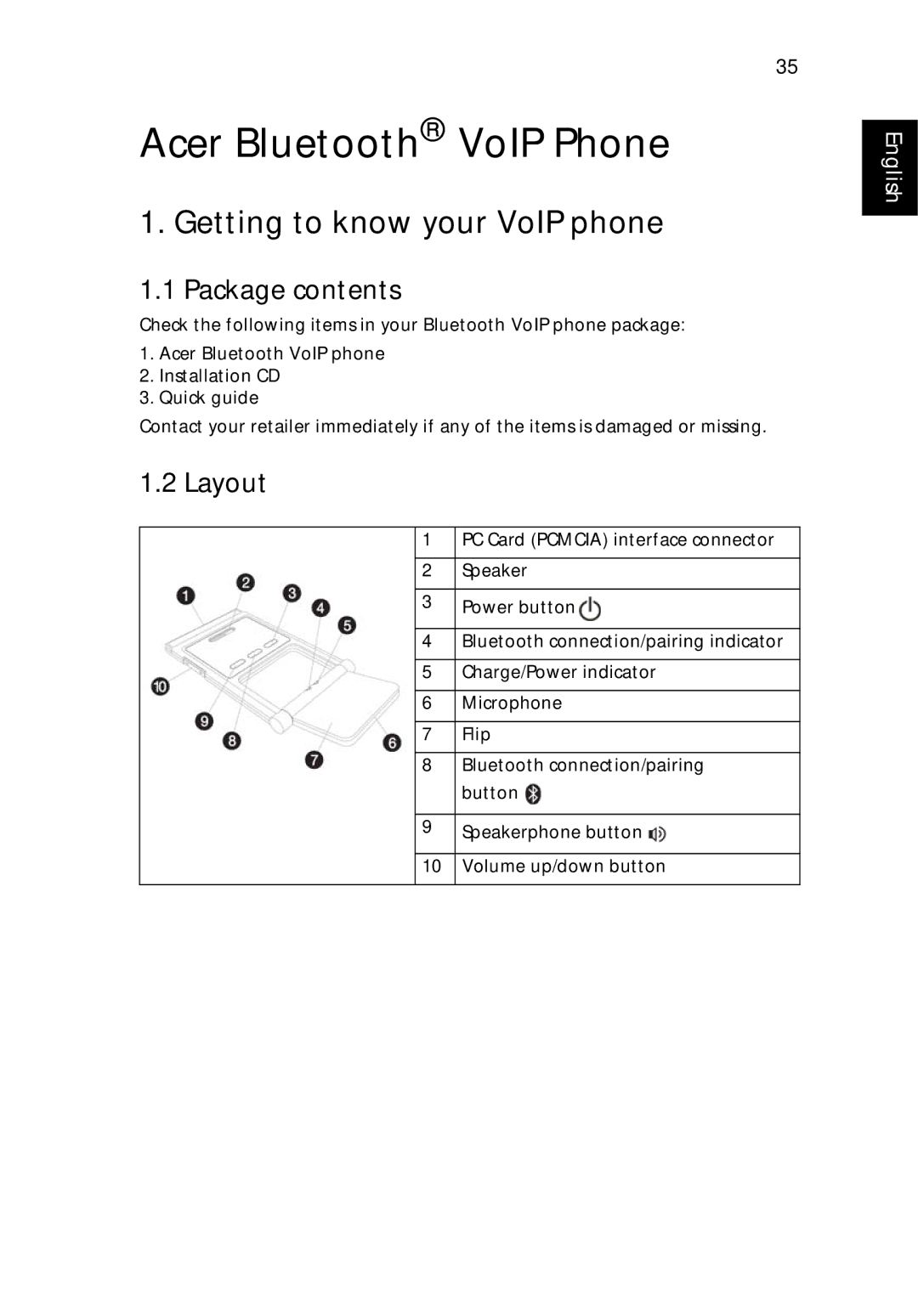 Acer 5000 Series manual Acer Bluetooth VoIP Phone, Getting to know your VoIP phone, Package contents, Layout 