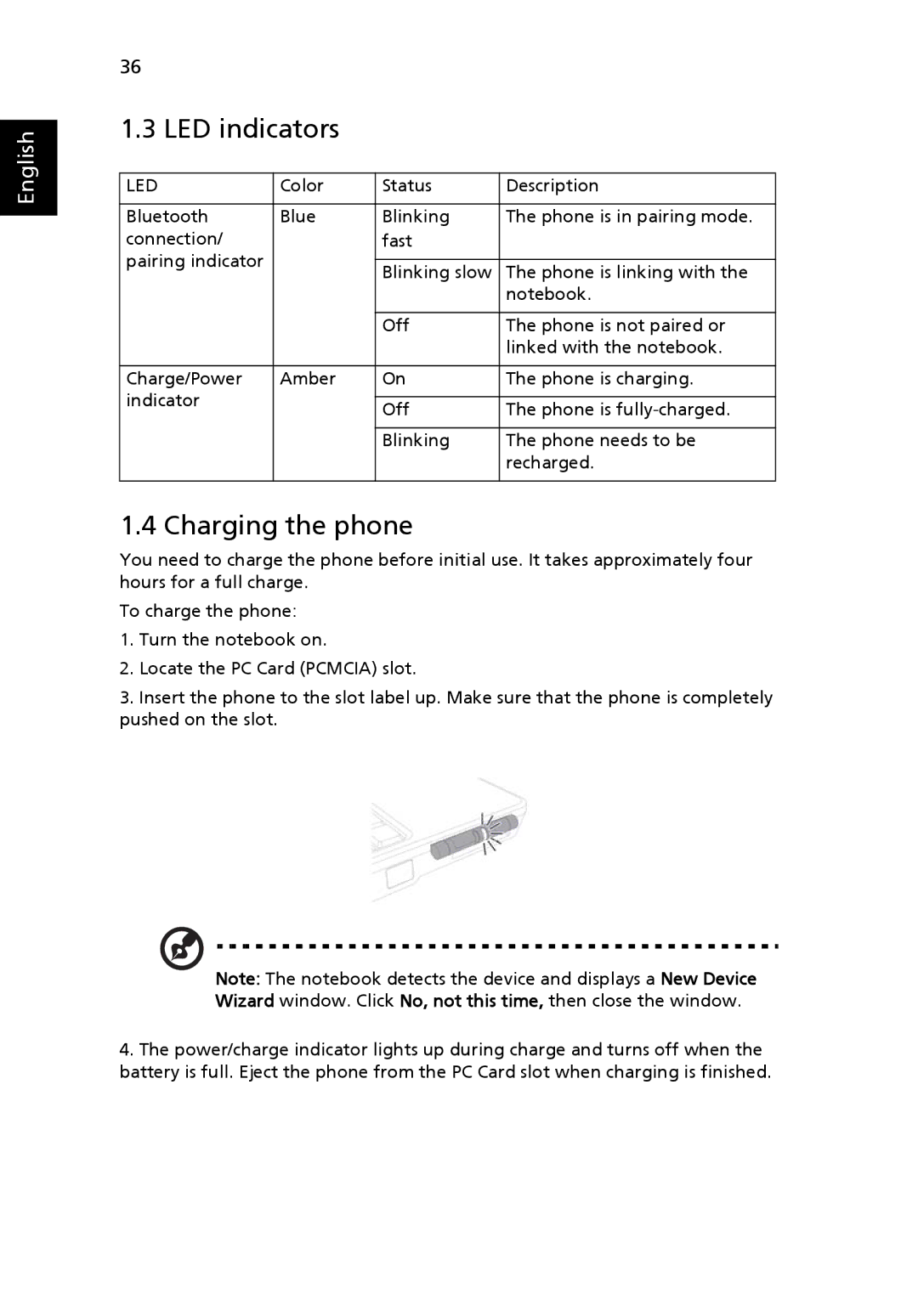 Acer 5000 Series manual LED indicators, Charging the phone 