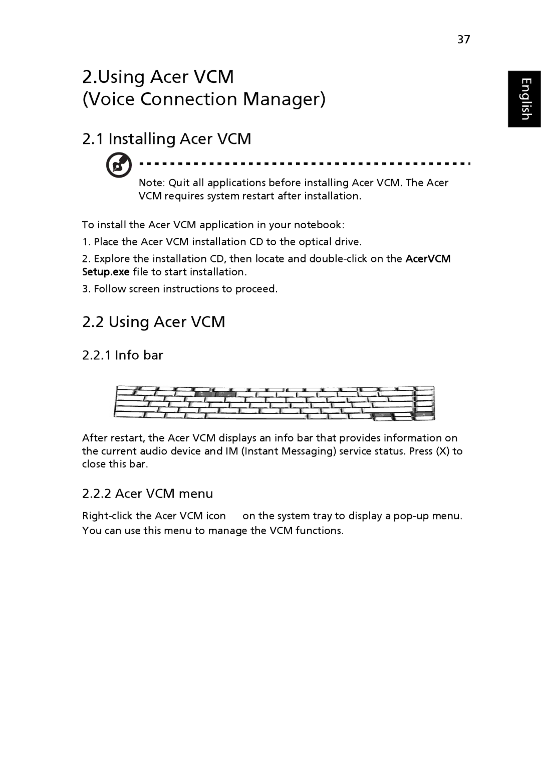 Acer 5000 Series manual Using Acer VCM Voice Connection Manager, Installing Acer VCM, Info bar, Acer VCM menu 