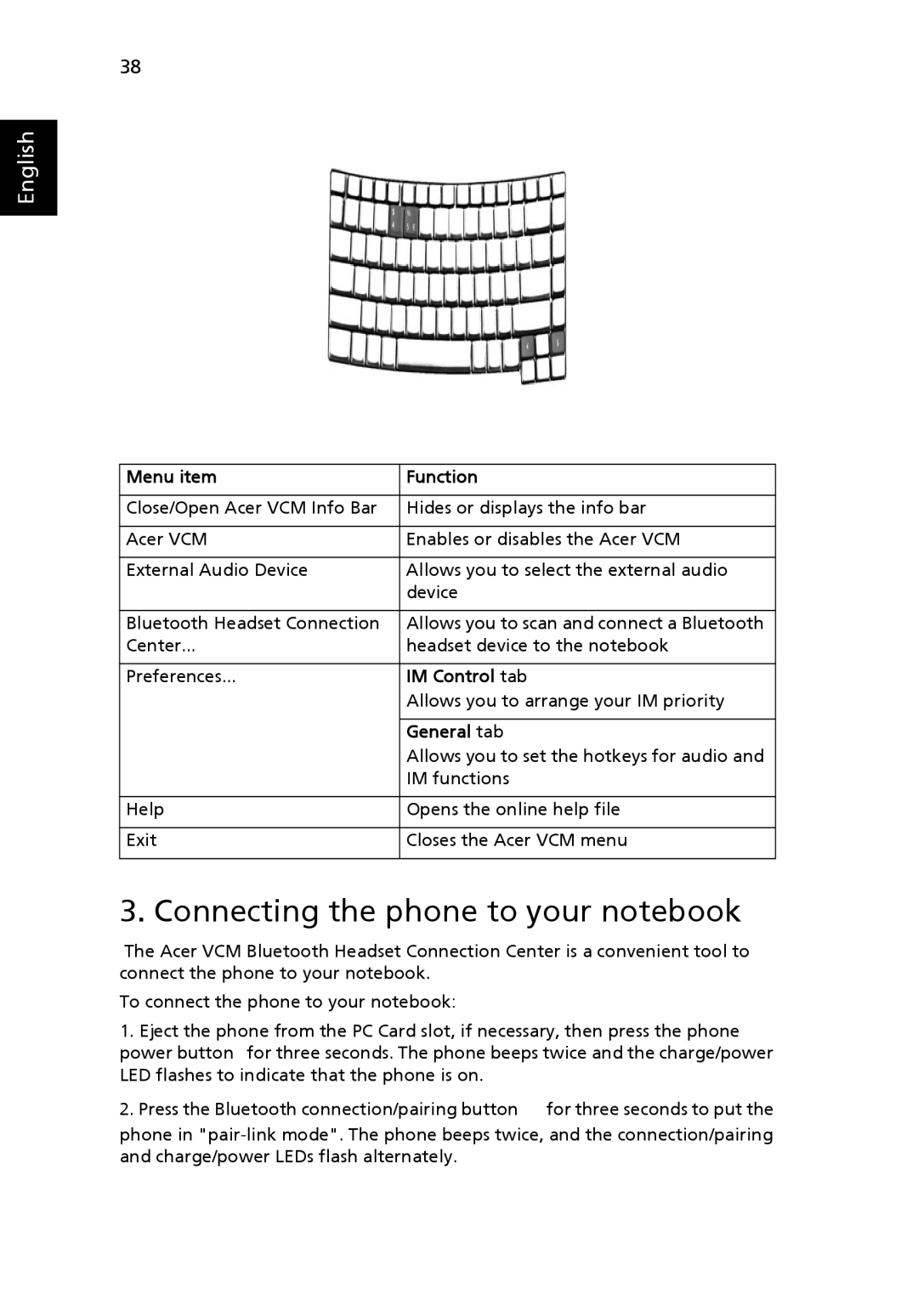 Acer 5000 Series manual Connecting the phone to your notebook, Menu item Function, IM Control tab, General tab 