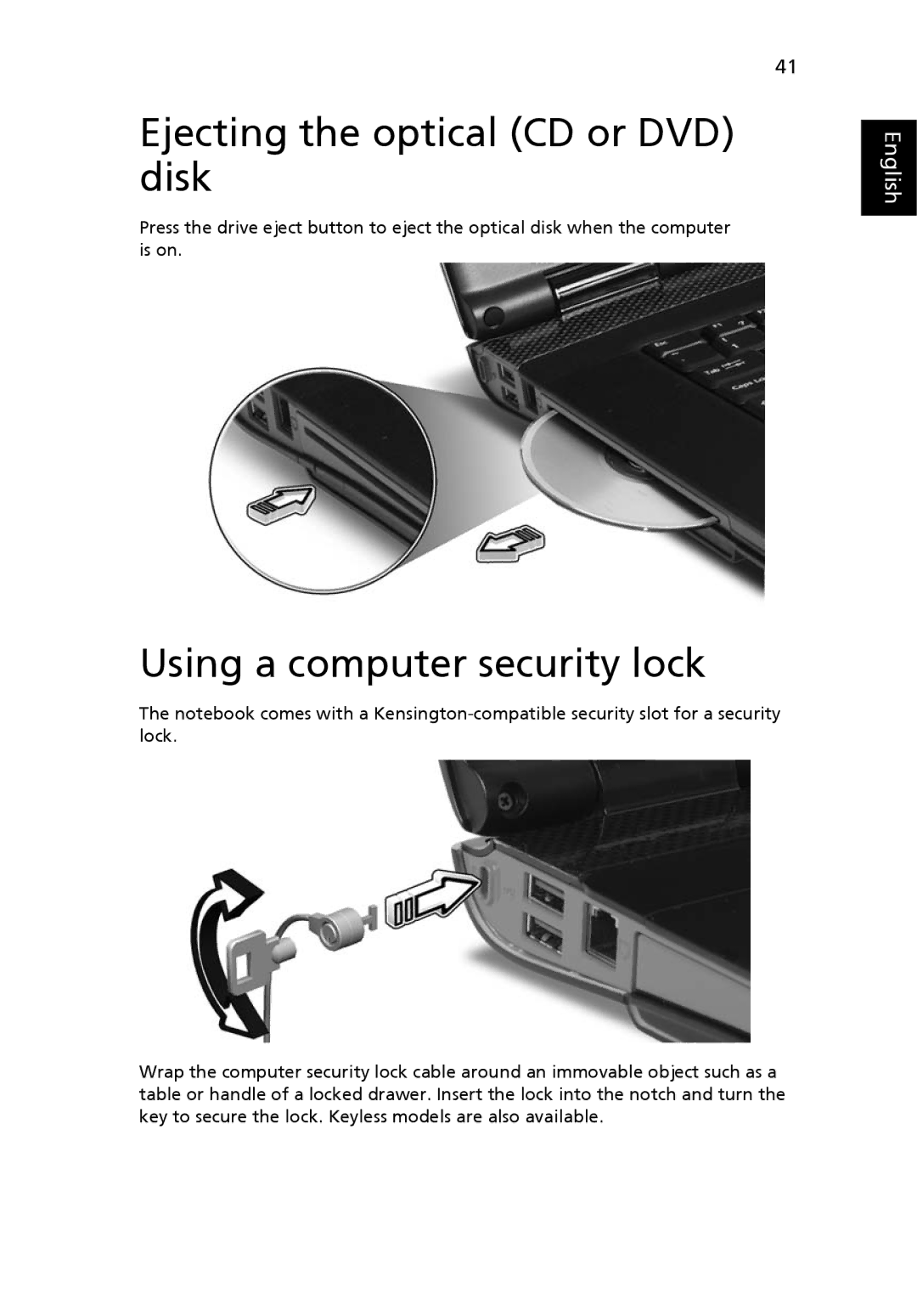 Acer 5000 Series manual Ejecting the optical CD or DVD disk, Using a computer security lock 