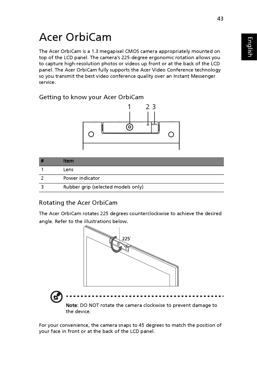 Acer 5000 Series manual Getting to know your Acer OrbiCam, Rotating the Acer OrbiCam, # Item 