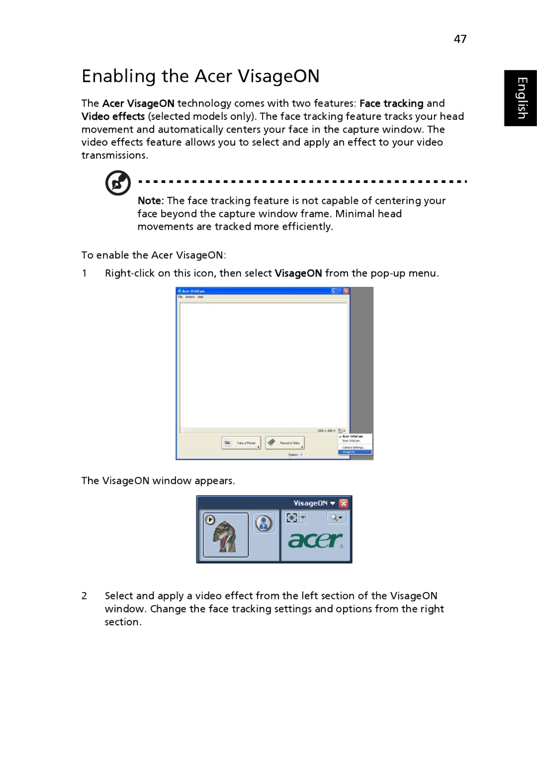 Acer 5000 Series manual Enabling the Acer VisageON 