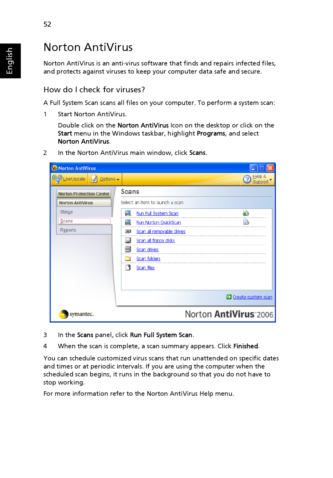 Acer 5000 Series manual Norton AntiVirus, How do I check for viruses?, Scans panel, click Run Full System Scan 