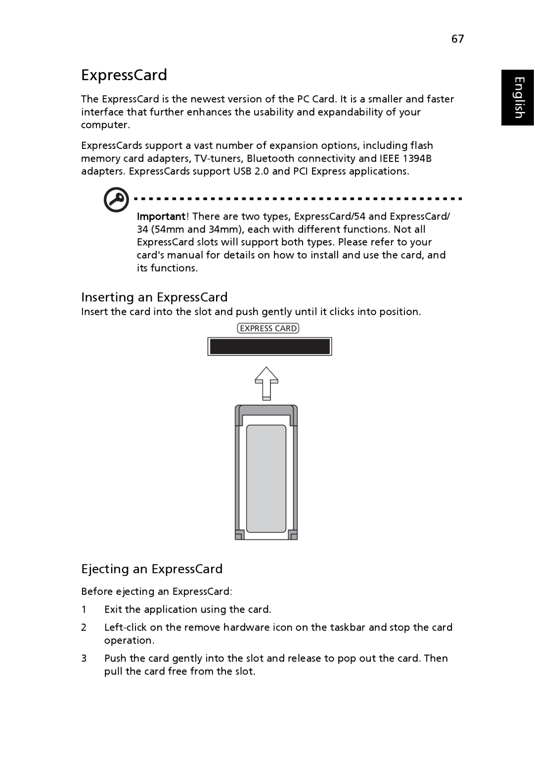 Acer 5000 Series manual Inserting an ExpressCard, Ejecting an ExpressCard 