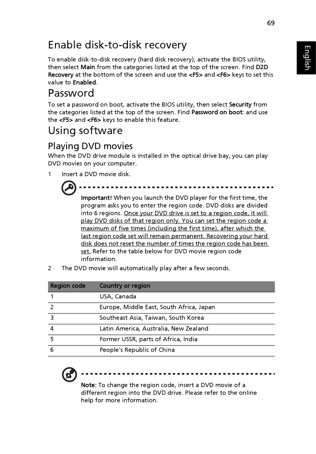 Acer 5000 Series Enable disk-to-disk recovery, Password, Using software, Playing DVD movies, Region code Country or region 