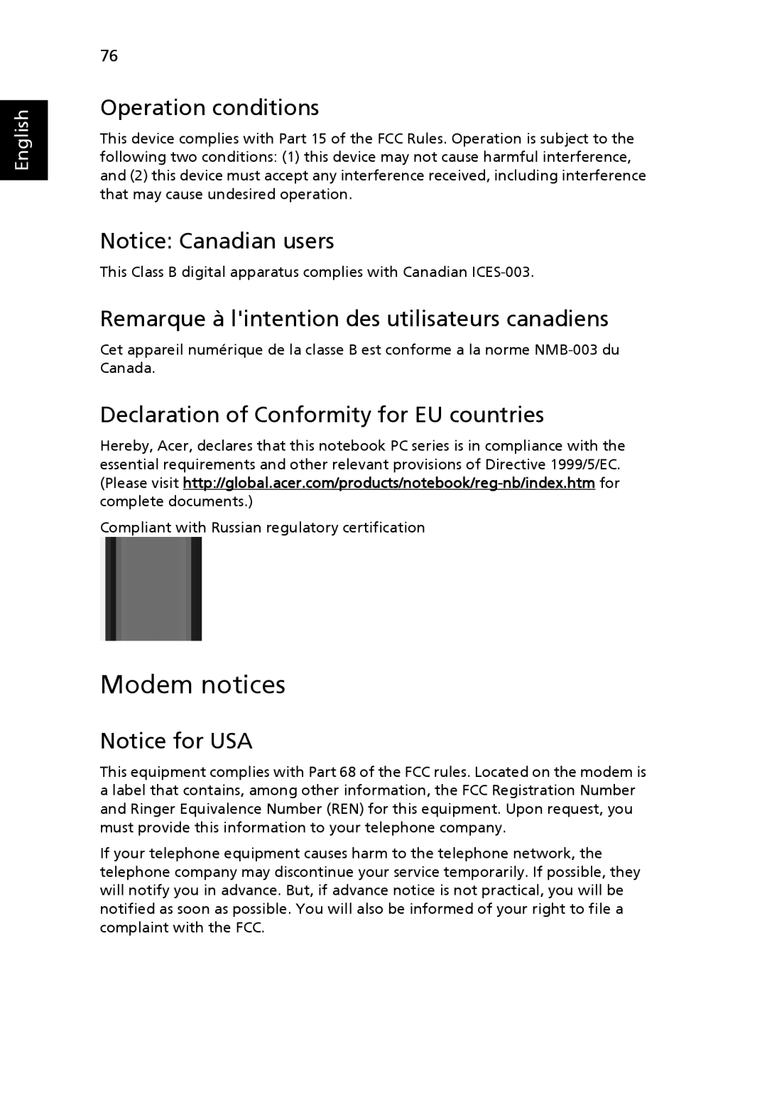 Acer 5000 Series manual Modem notices, Operation conditions, Remarque à lintention des utilisateurs canadiens 