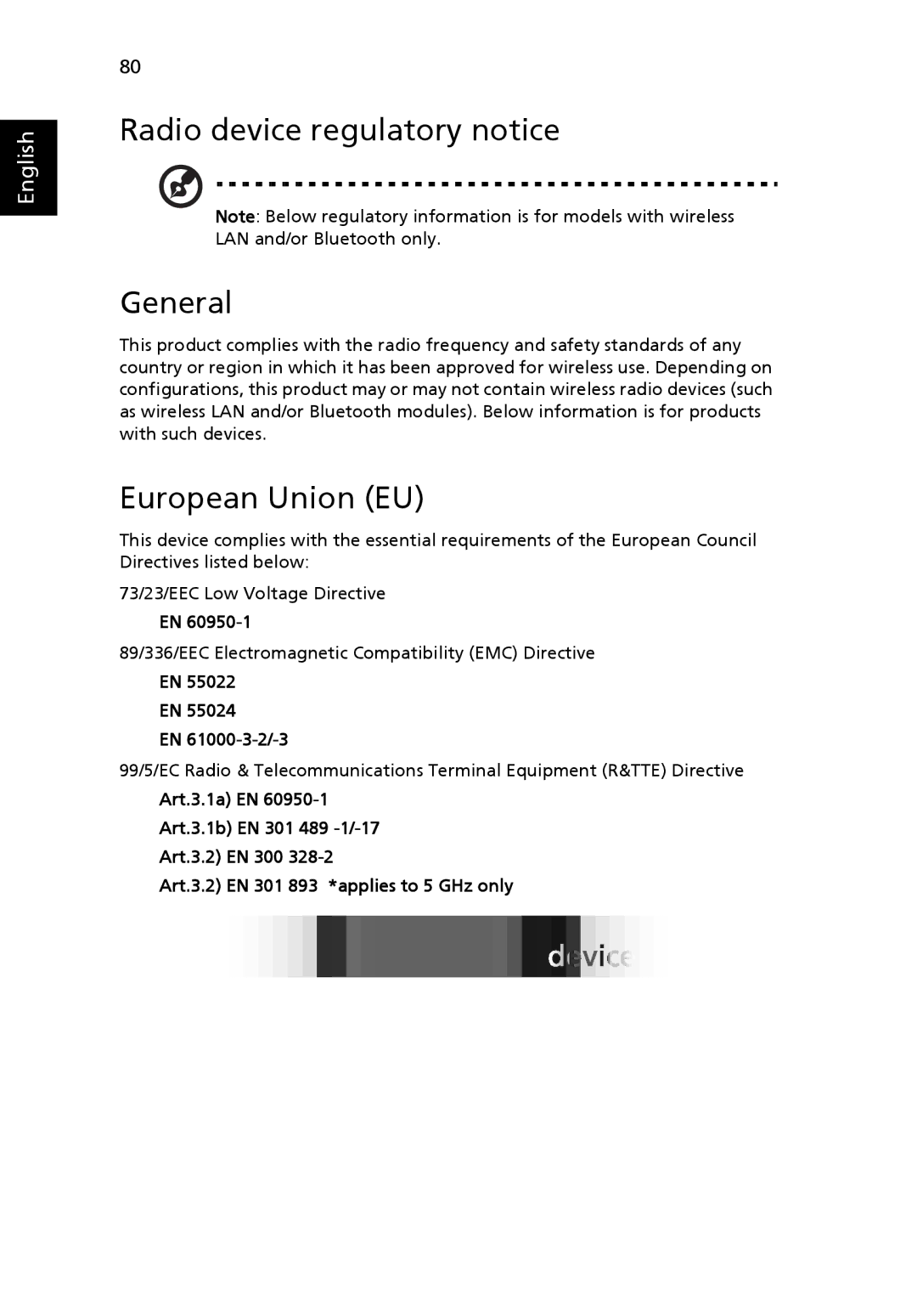 Acer 5000 Series manual Radio device regulatory notice General, European Union EU, EN 61000-3-2/-3 