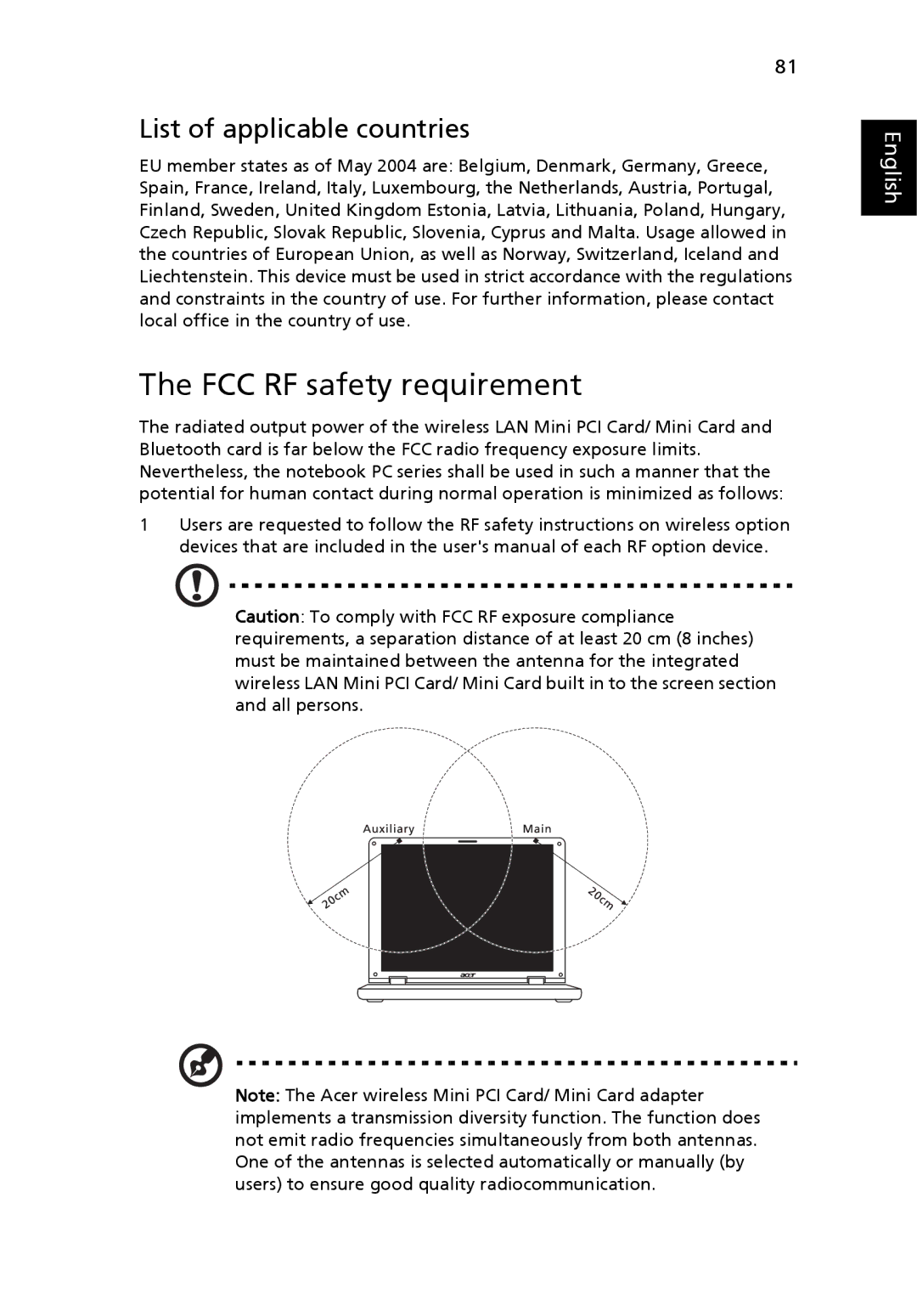 Acer 5000 Series manual FCC RF safety requirement, List of applicable countries 