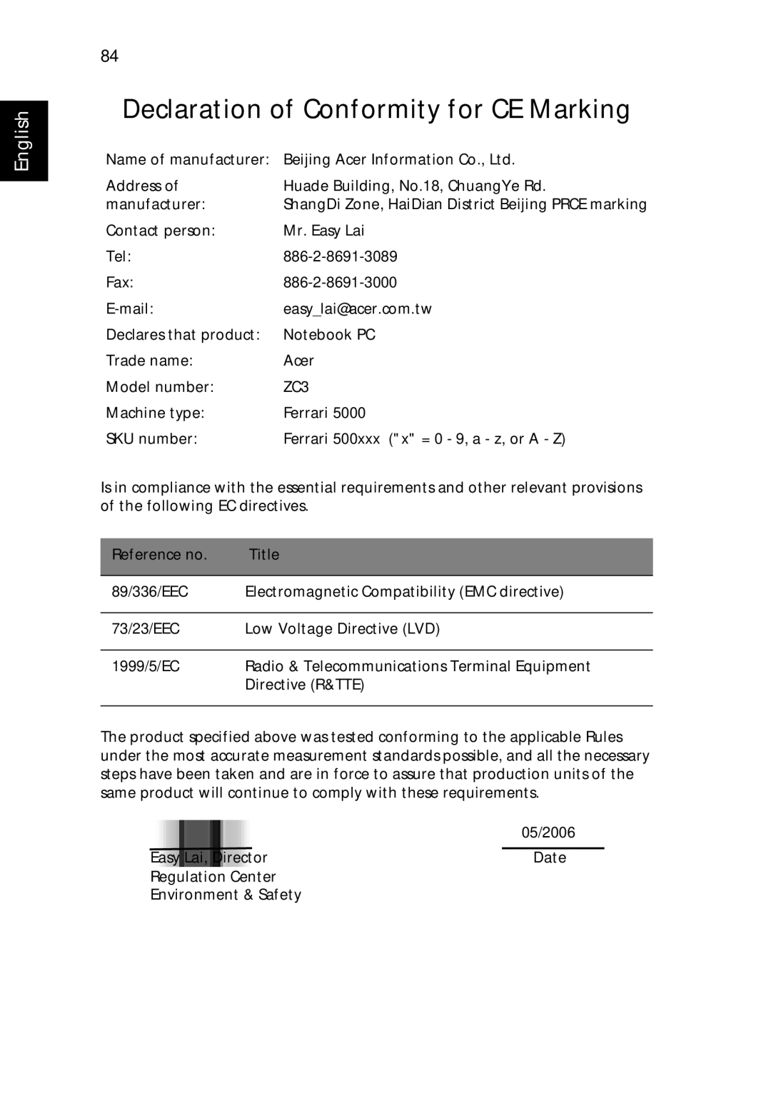 Acer 5000 Series manual Declaration of Conformity for CE Marking 