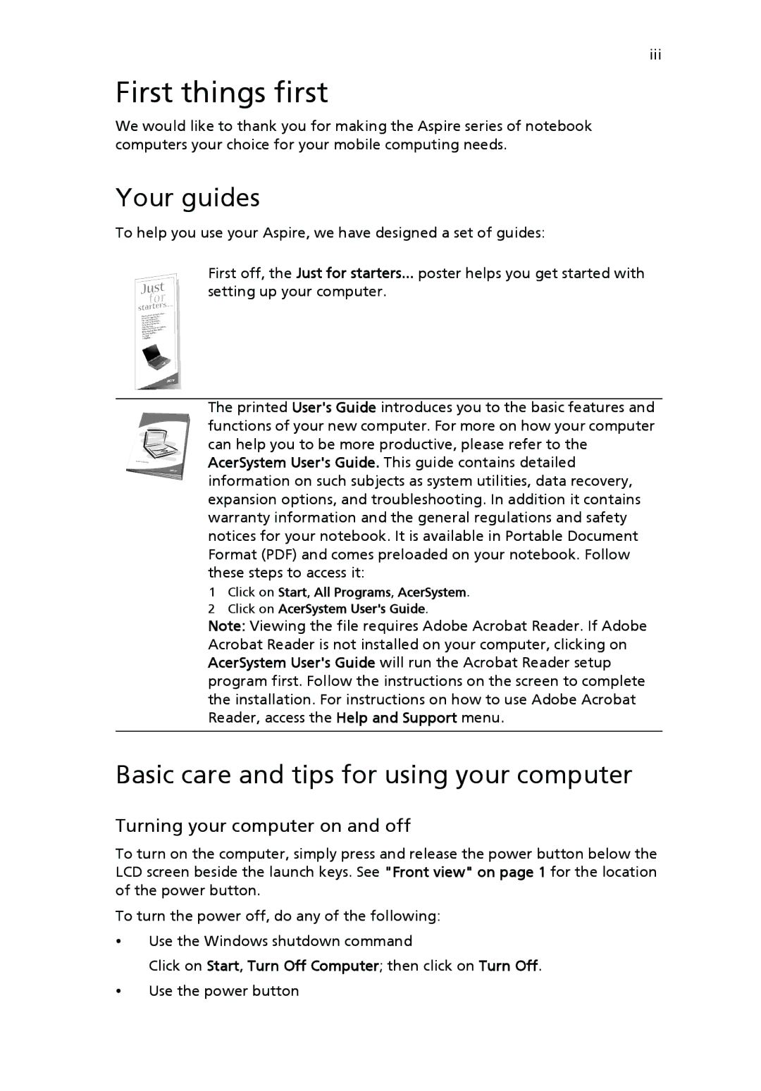 Acer 5000 manual Your guides, Basic care and tips for using your computer, Turning your computer on and off 