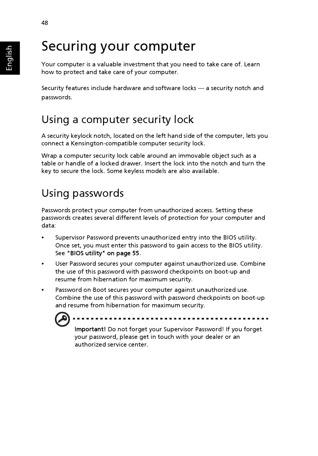 Acer 5000 manual Securing your computer, Using a computer security lock, Using passwords 