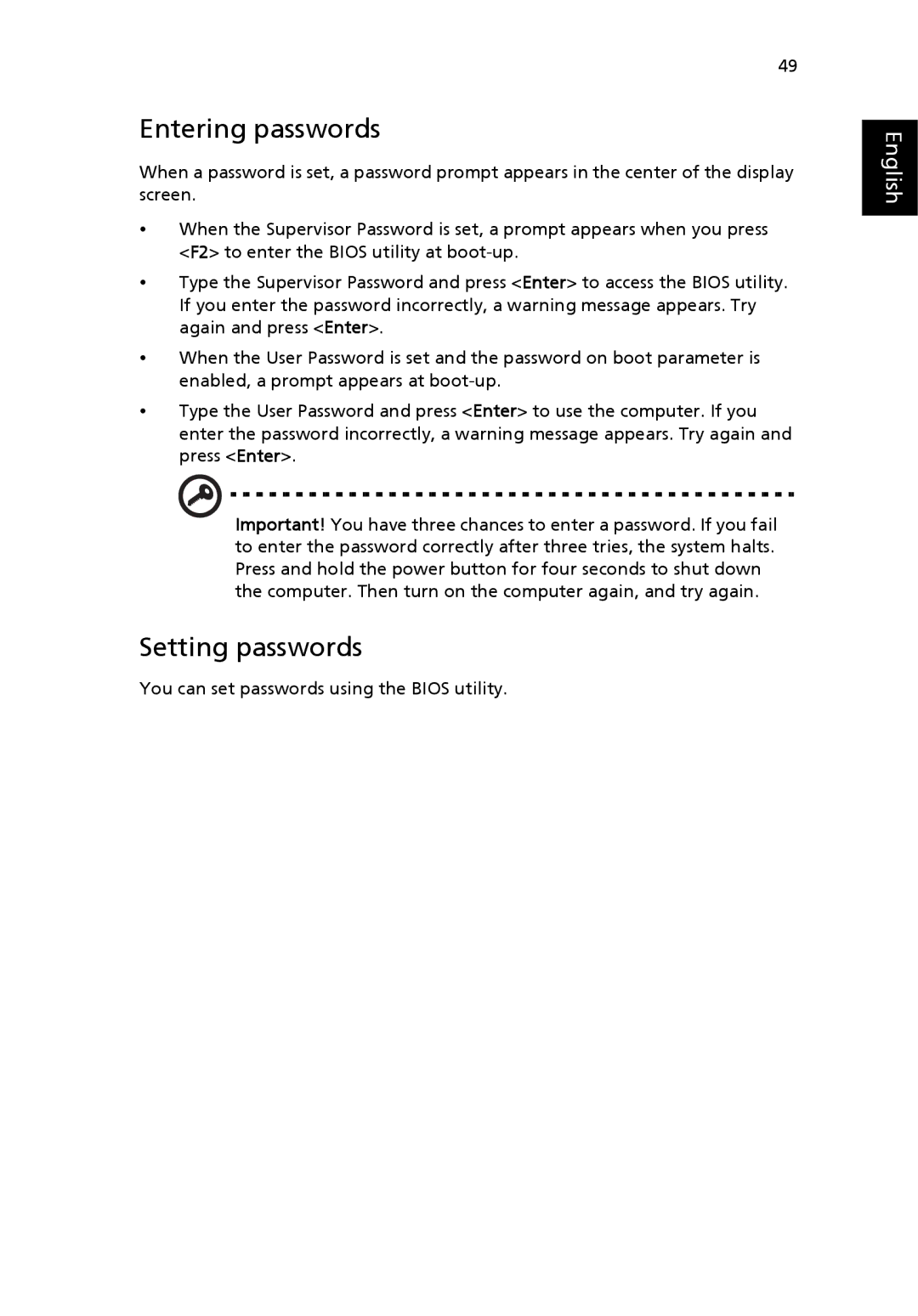 Acer 5000 manual Entering passwords, Setting passwords 