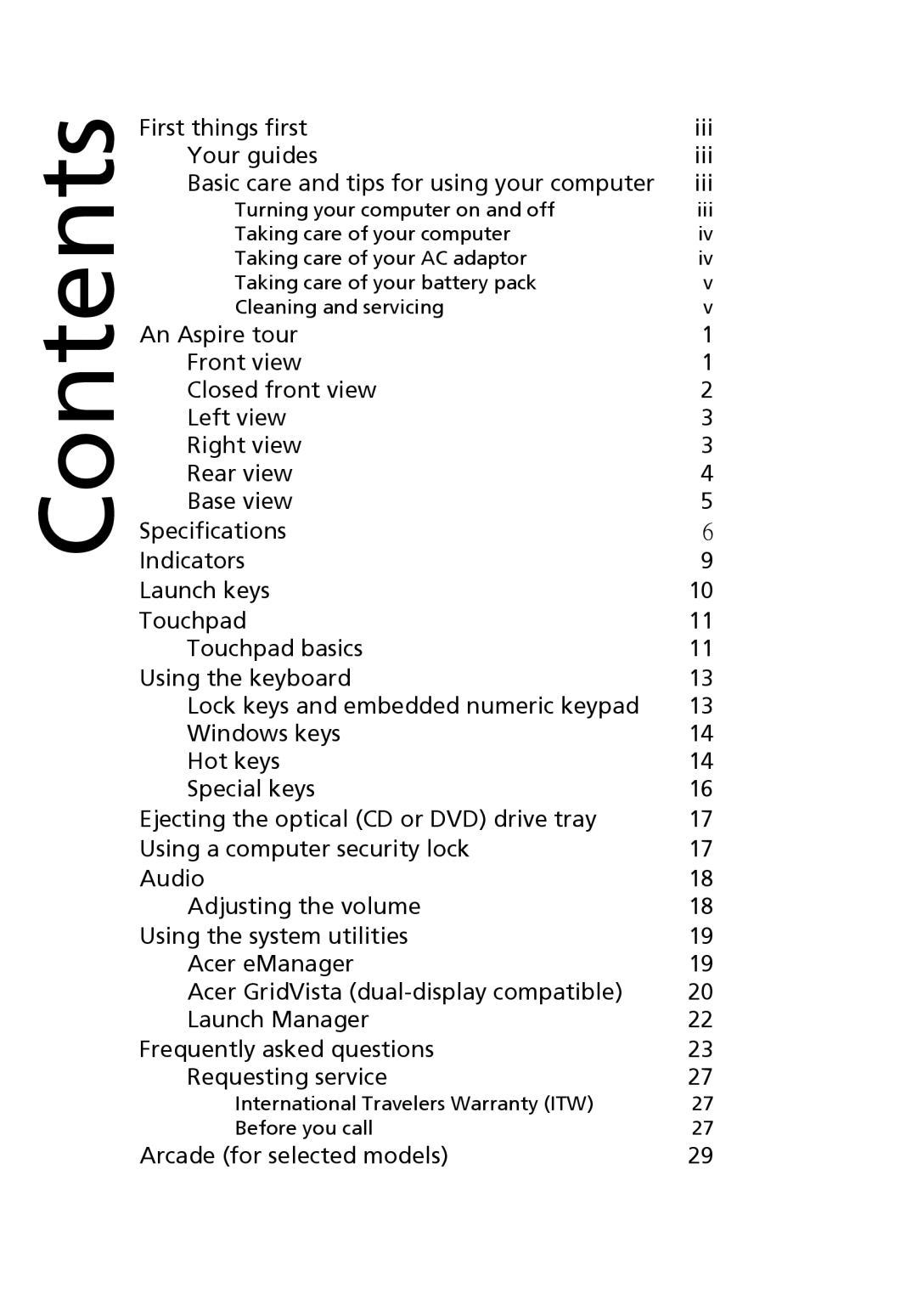 Acer 5000 manual Contents 