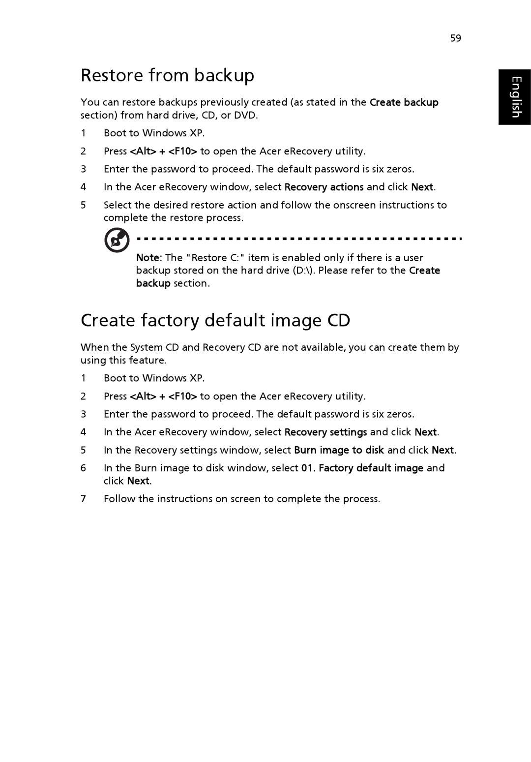 Acer 5000 manual Restore from backup, Create factory default image CD 