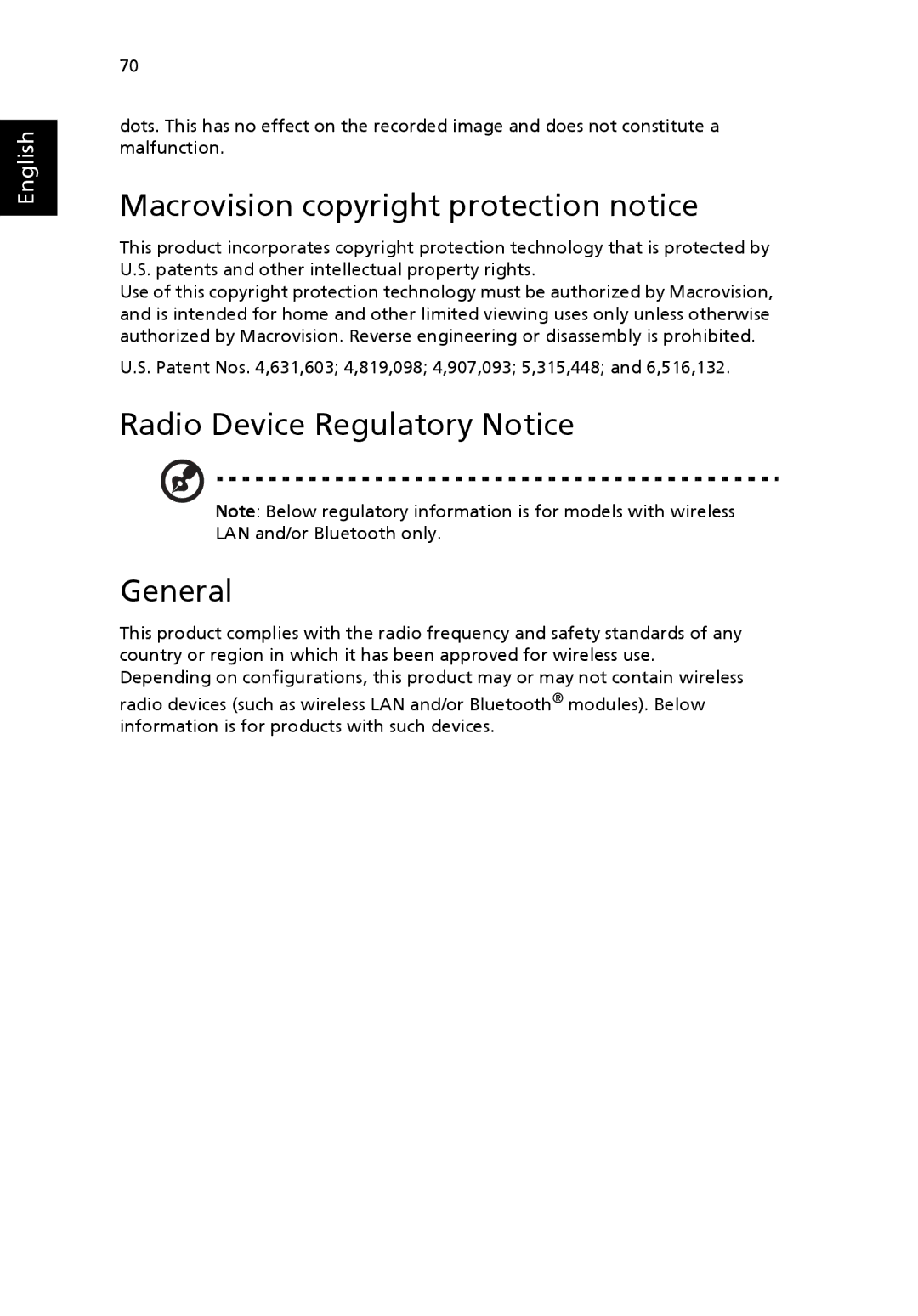 Acer 5000 manual Macrovision copyright protection notice, Radio Device Regulatory Notice General 