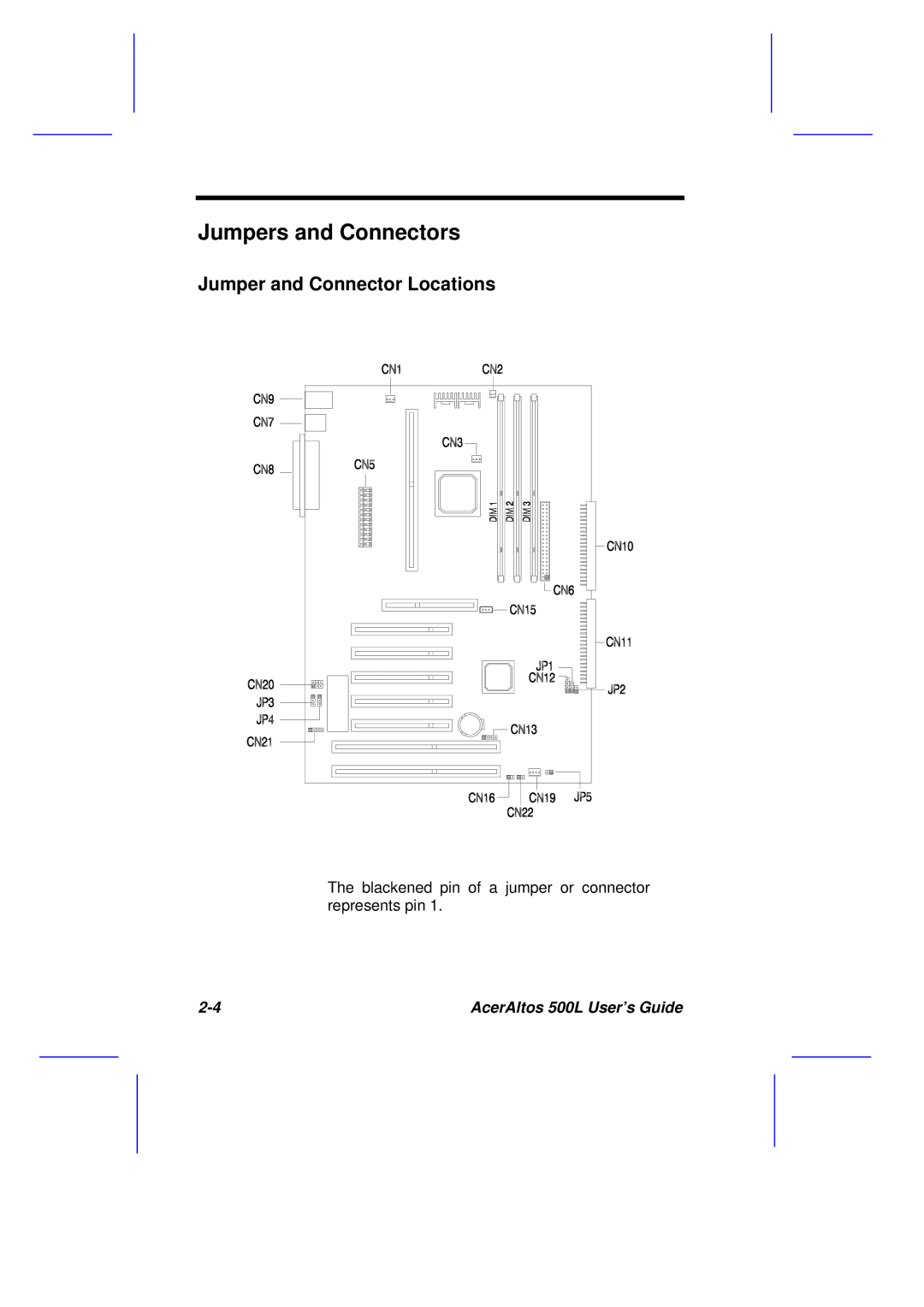 Acer 500L manual Jumpers and Connectors, Jumper and Connector Locations 