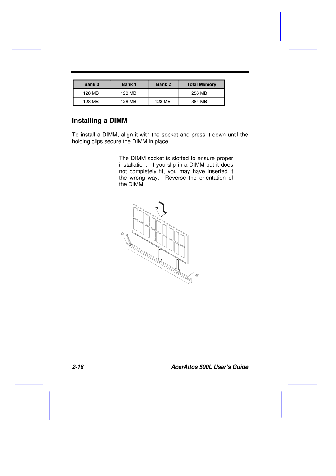 Acer 500L manual Installing a Dimm 