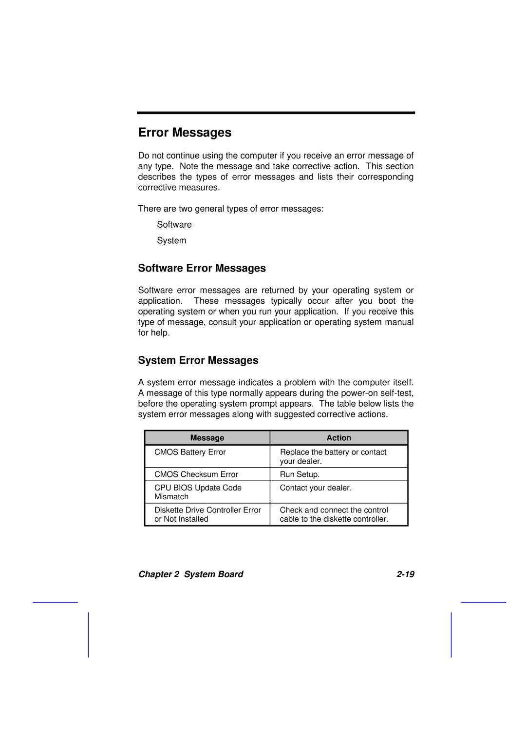 Acer 500L manual Software Error Messages, System Error Messages 