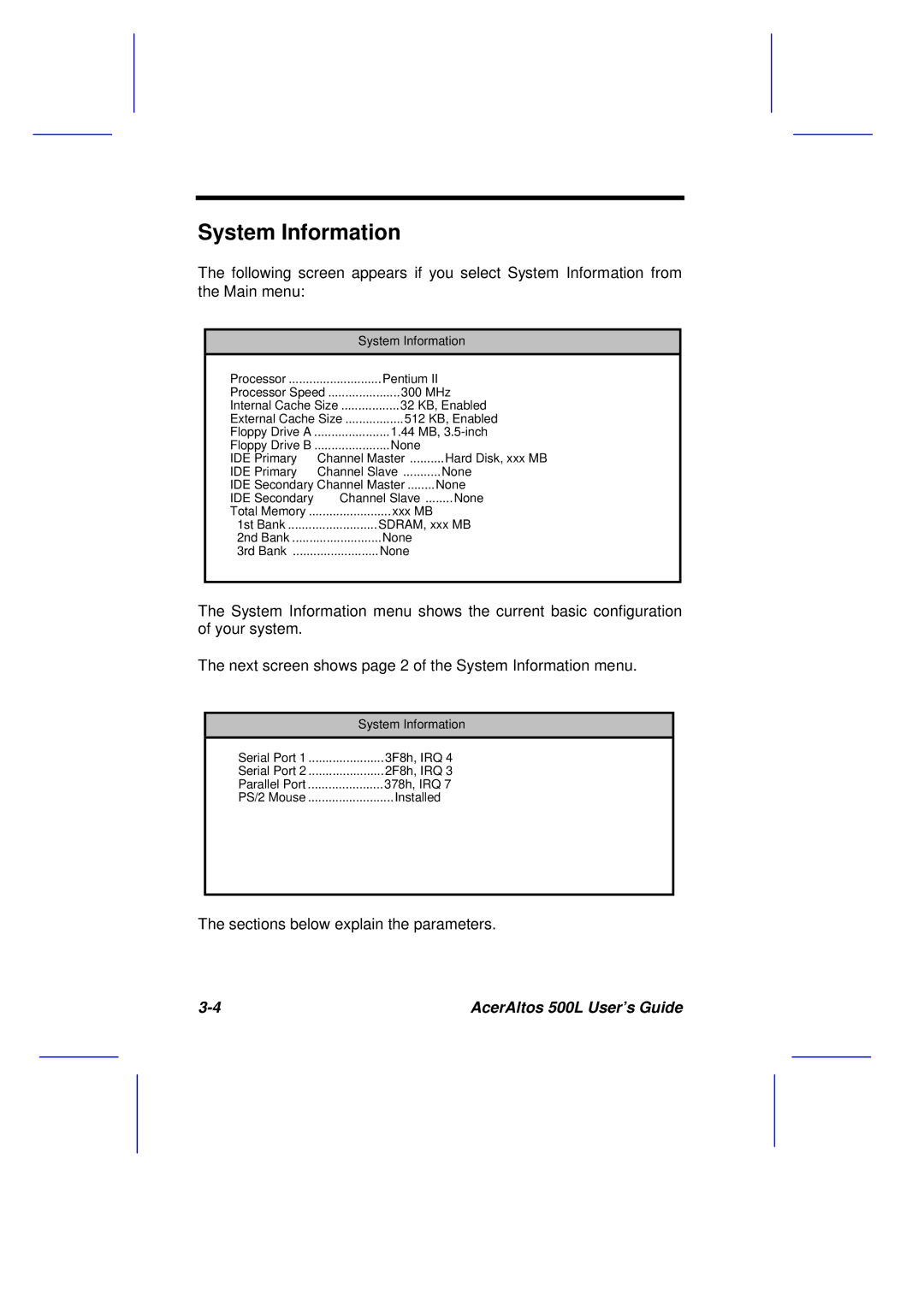 Acer 500L manual System Information 