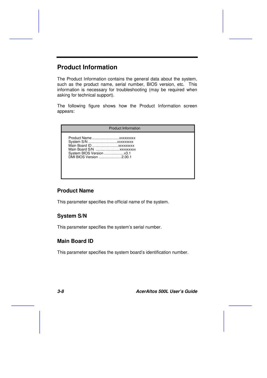 Acer 500L manual Product Information, Product Name, System S/N, Main Board ID 