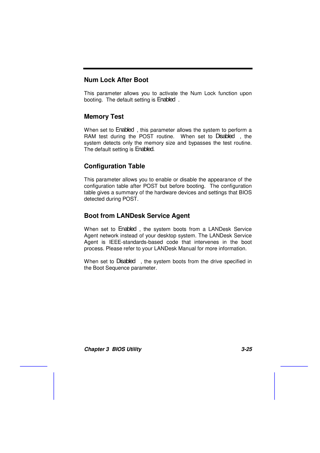 Acer 500L manual Num Lock After Boot, Memory Test, Configuration Table, Boot from LANDesk Service Agent 