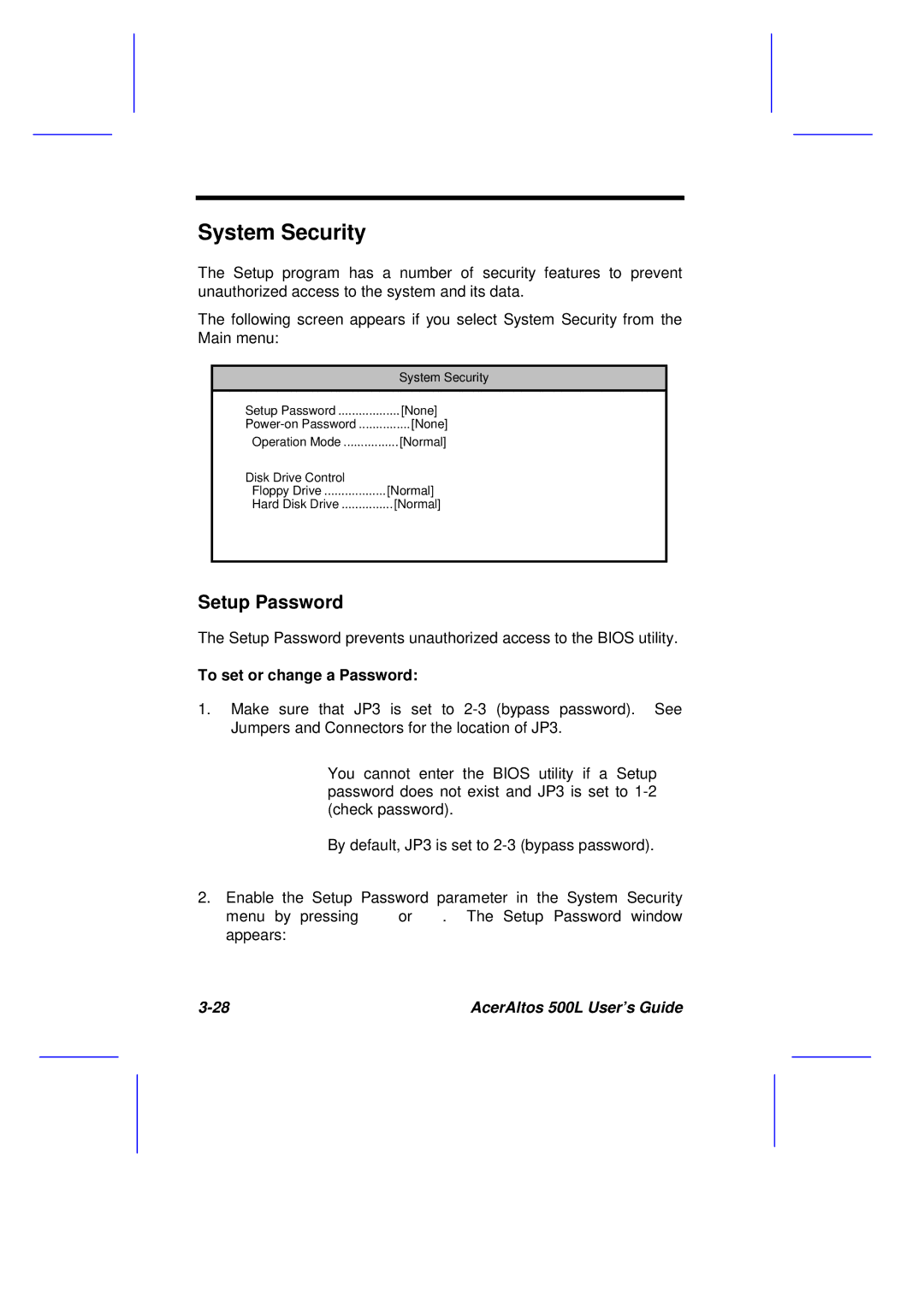 Acer 500L manual System Security, Setup Password, To set or change a Password 