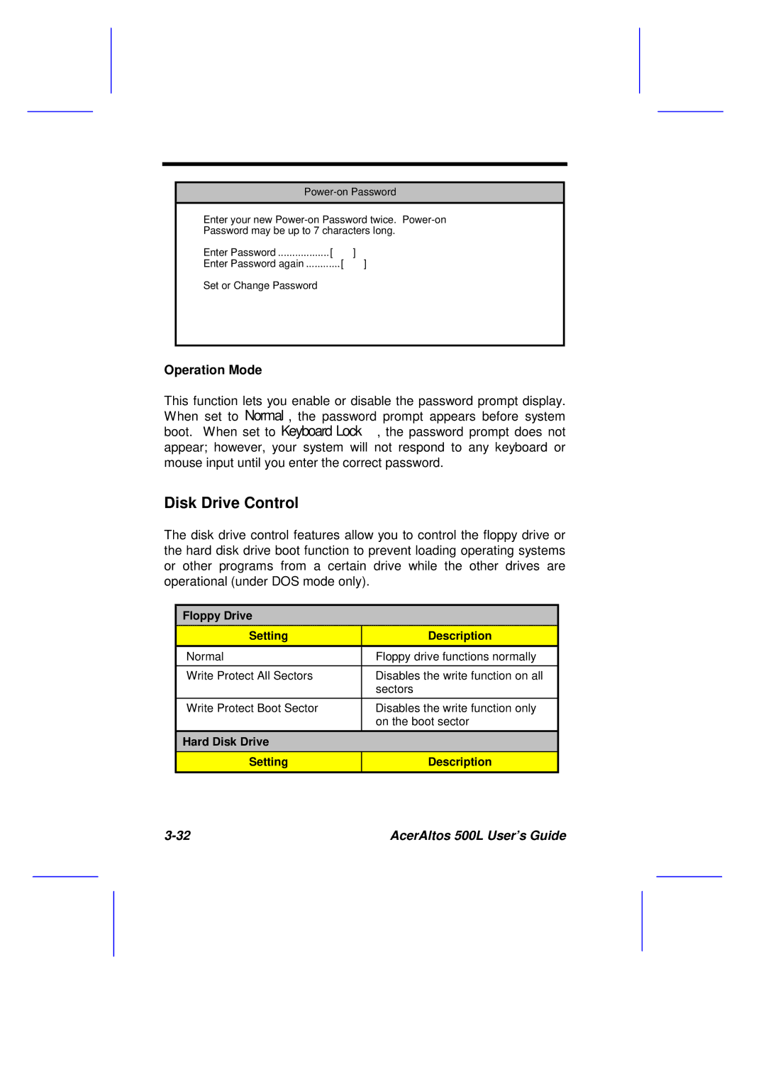 Acer 500L manual Disk Drive Control, Power-on Password 