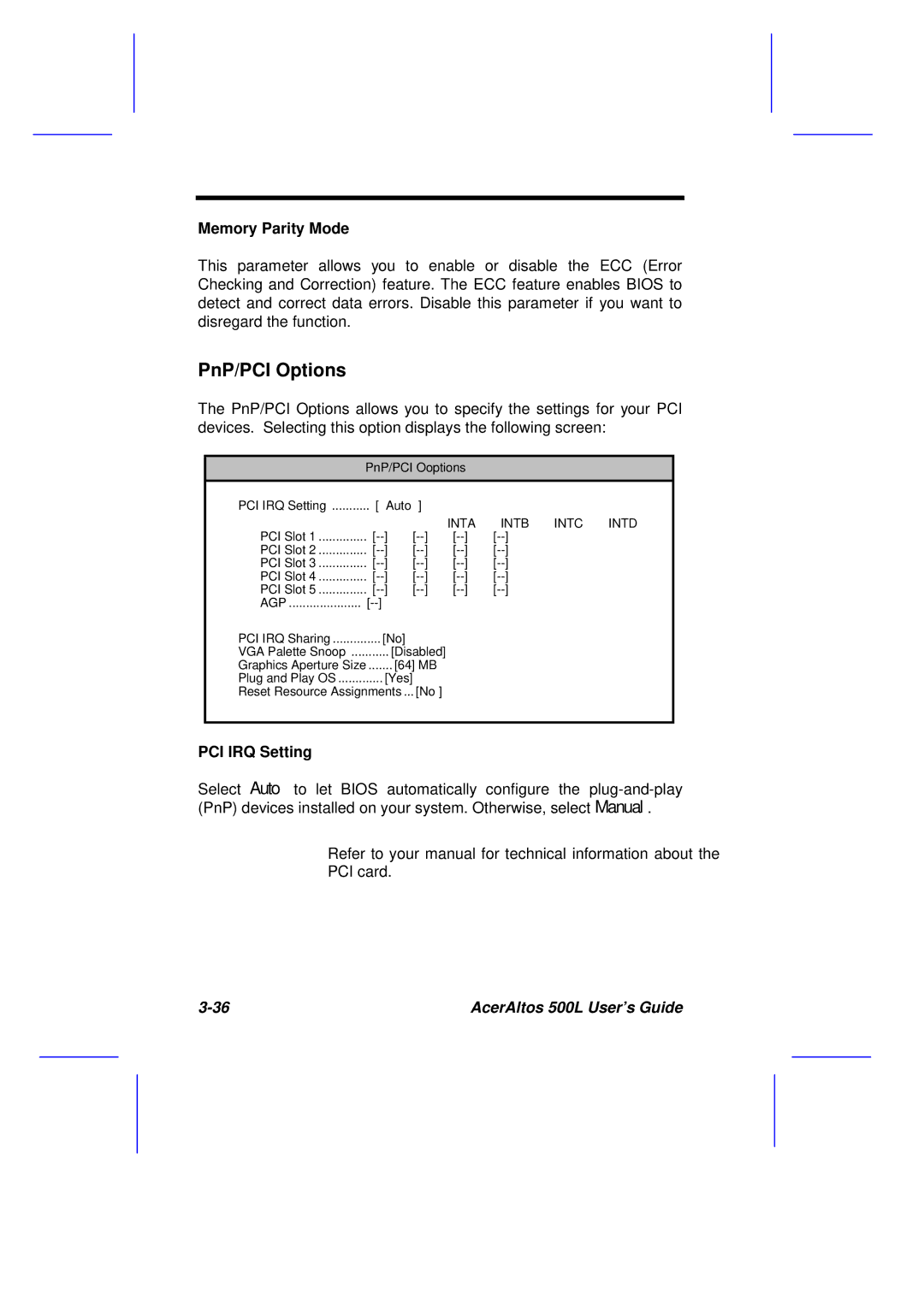 Acer 500L manual PnP/PCI Options, Memory Parity Mode, PCI IRQ Setting 