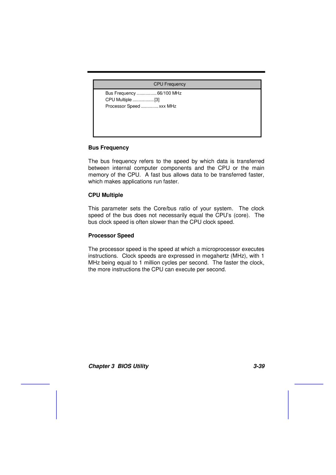 Acer 500L manual Bus Frequency, CPU Multiple, Processor Speed 