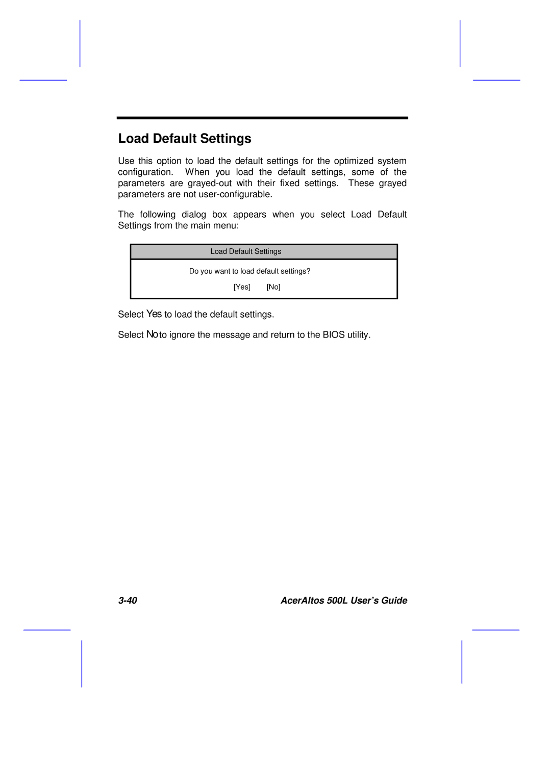 Acer 500L manual Load Default Settings 