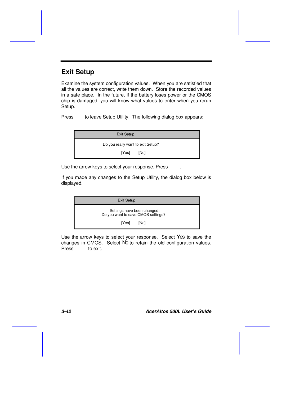 Acer 500L manual Exit Setup 