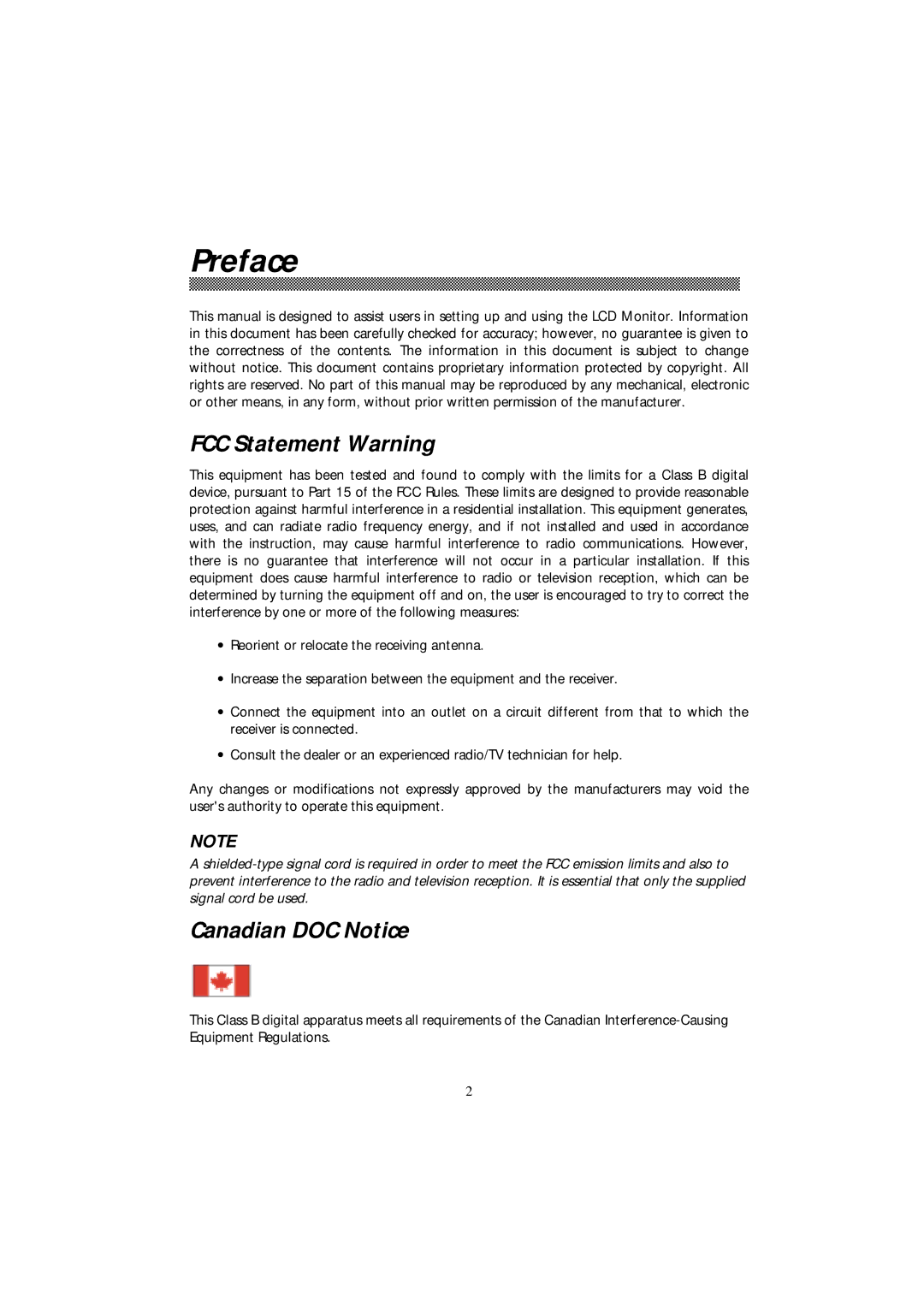 Acer 501 manual Preface, FCC Statement Warning, Canadian DOC Notice 