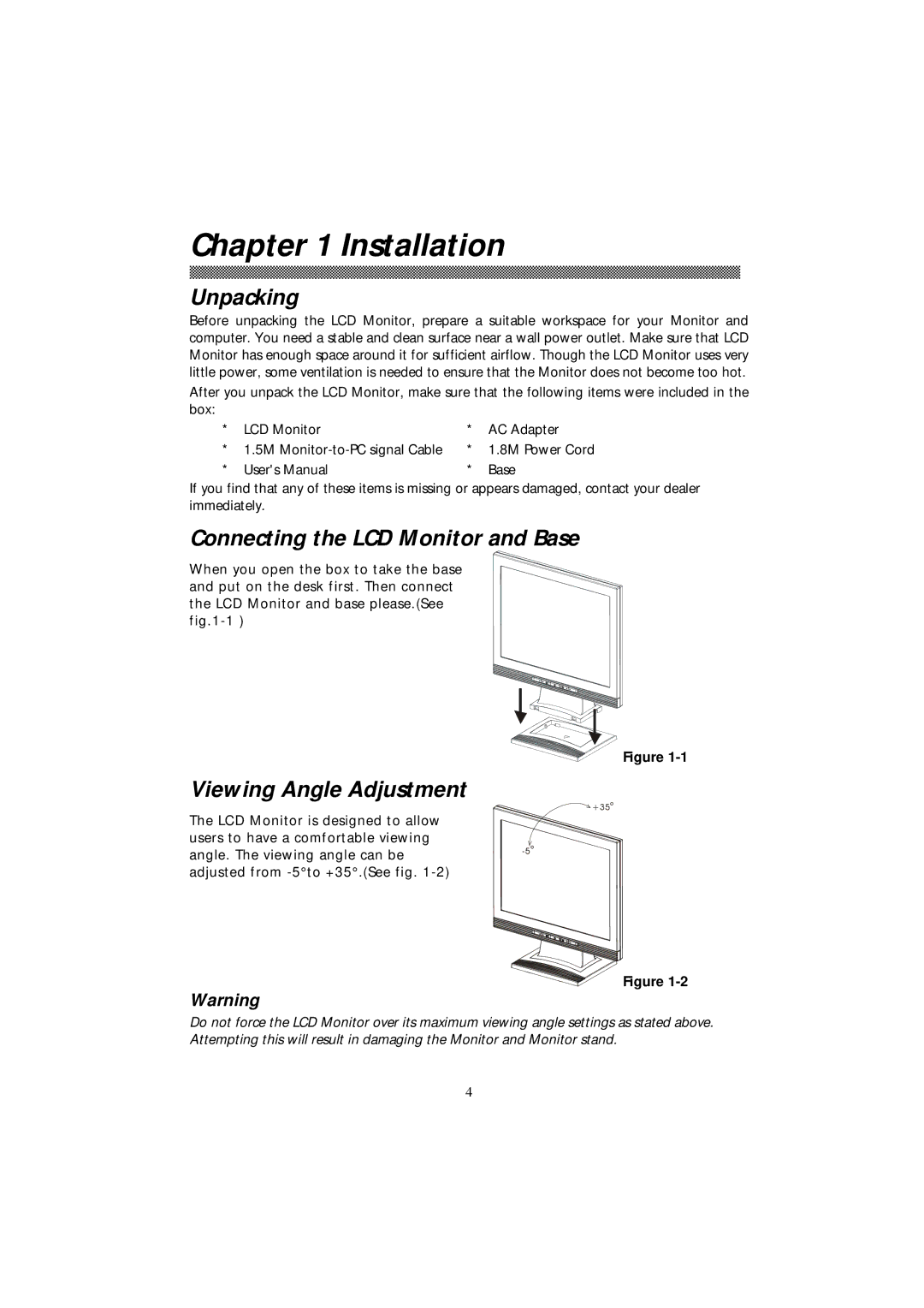 Acer 501 manual Installation, Unpacking, Connecting the LCD Monitor and Base, Viewing Angle Adjustment 