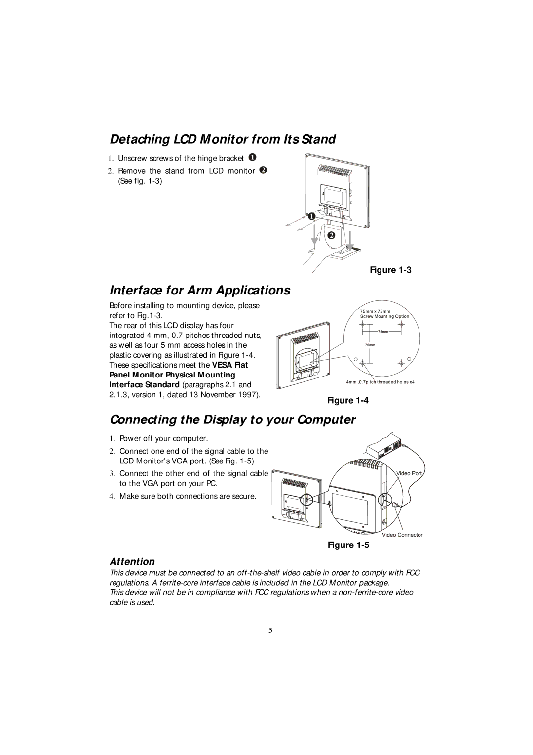 Acer 501 Detaching LCD Monitor from Its Stand, Interface for Arm Applications, Connecting the Display to your Computer 