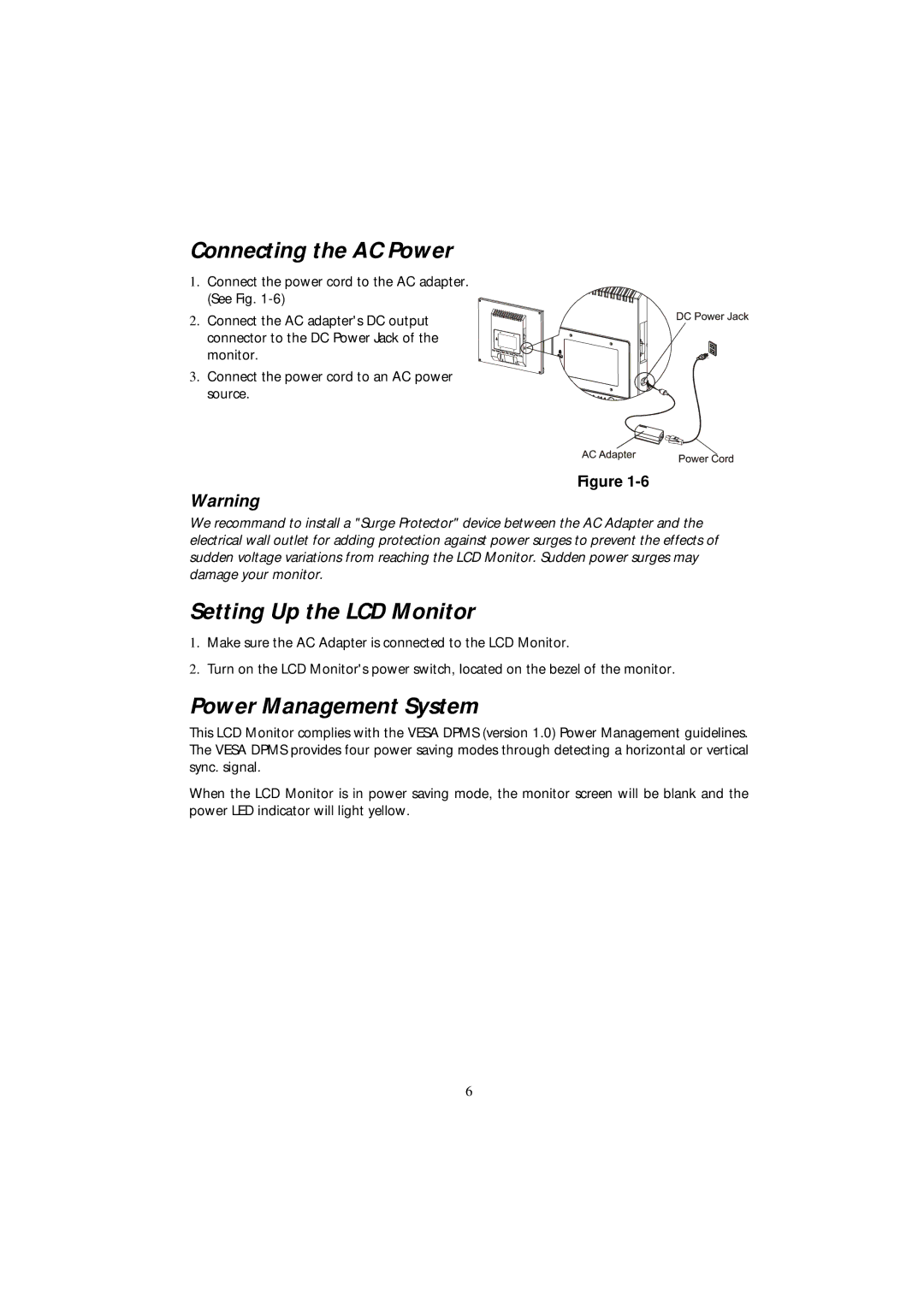 Acer 501 manual Connecting the AC Power, Setting Up the LCD Monitor, Power Management System 