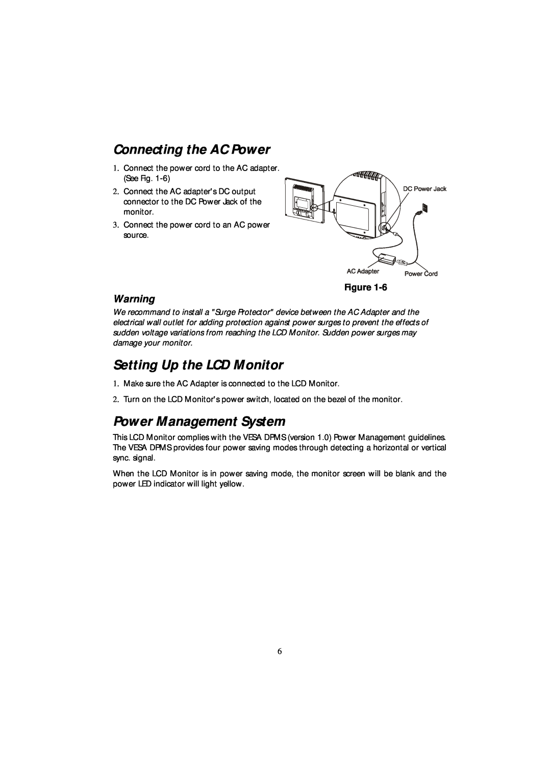 Acer 501 manual Connecting the AC Power, Setting Up the LCD Monitor, Power Management System 