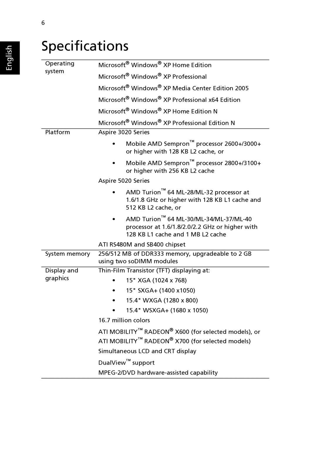 Acer 5020 Series, 3020 Series manual Specifications 