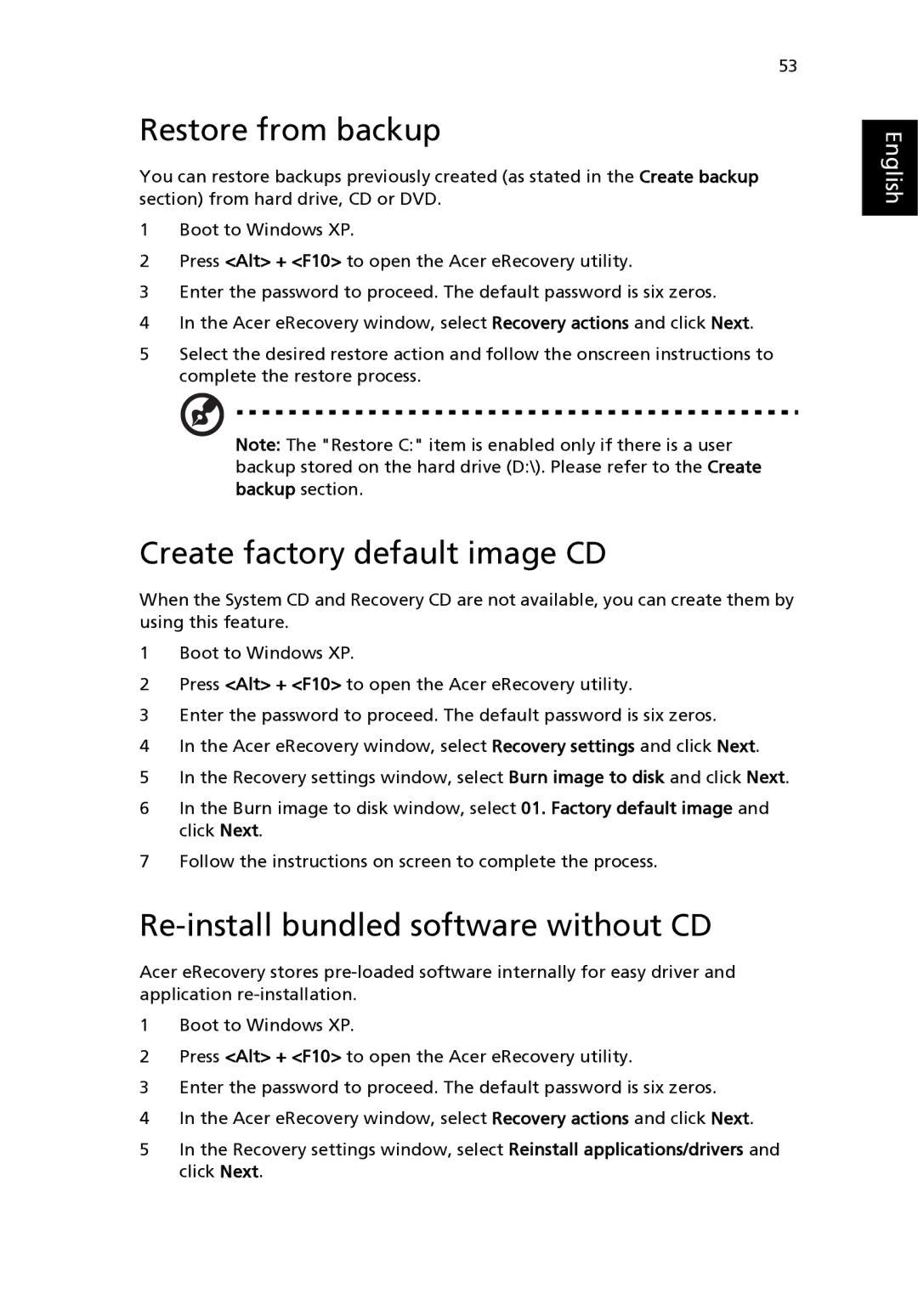 Acer 3020 Series, 5020 Series Restore from backup, Create factory default image CD, Re-install bundled software without CD 