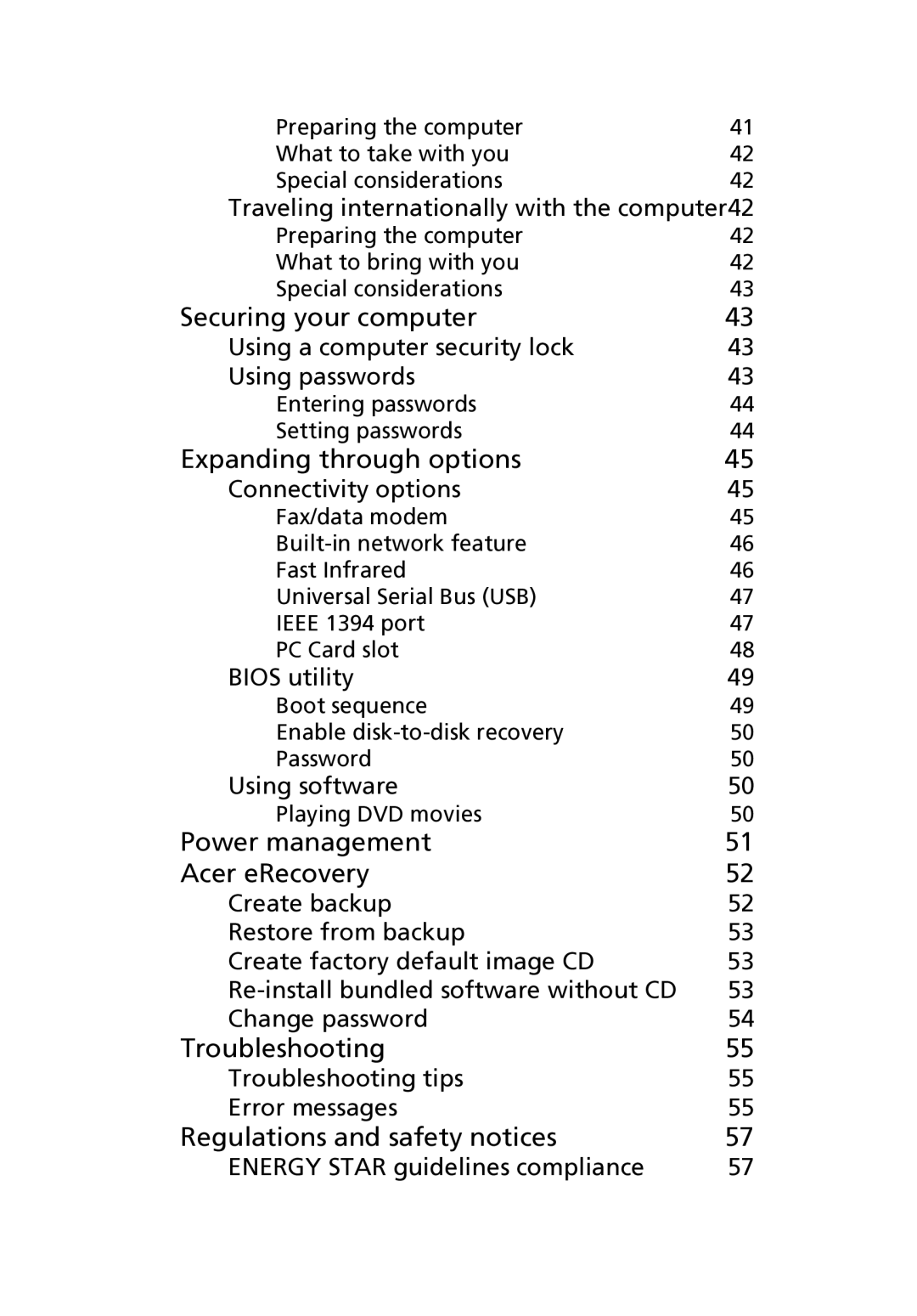 Acer 5020 Series manual Securing your computer, Expanding through options, Power management Acer eRecovery, Troubleshooting 