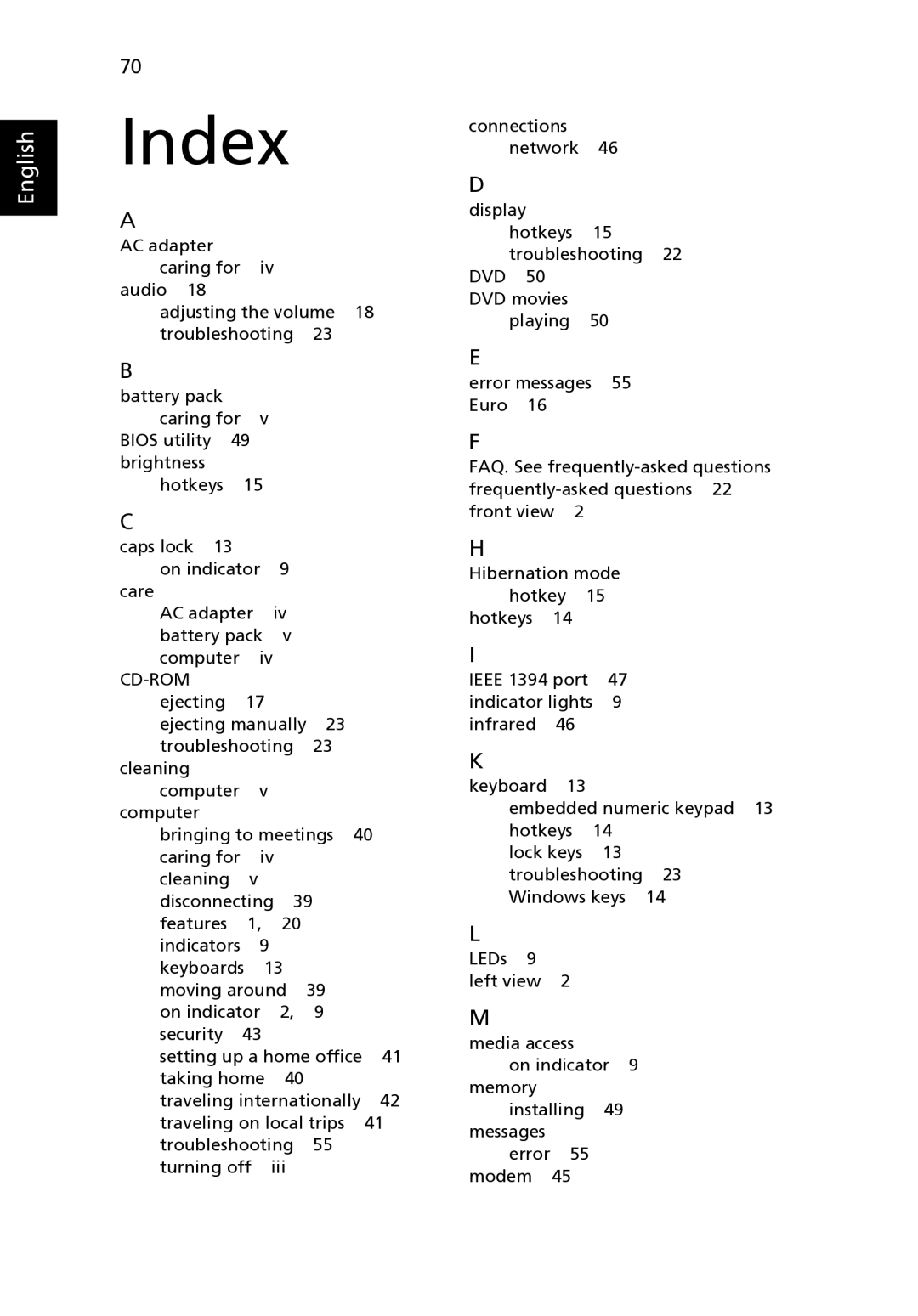 Acer 5020 Series, 3020 Series manual Index 