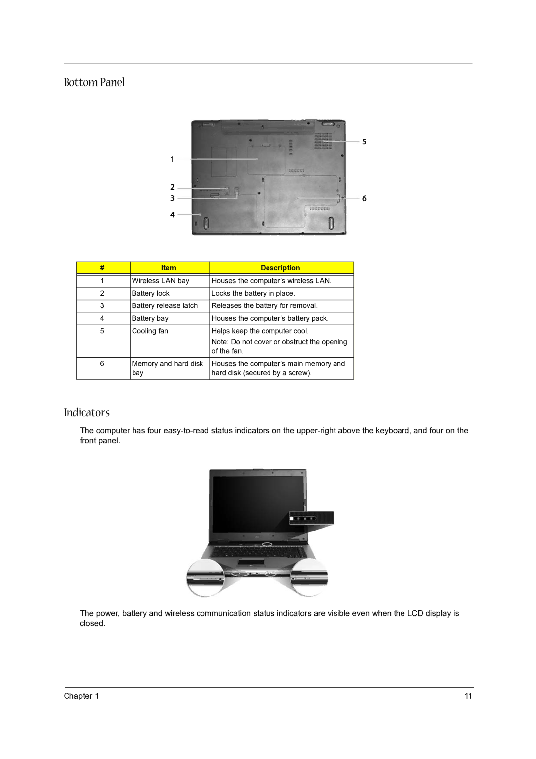 Acer 5020 manual Bottom Panel, Indicators 