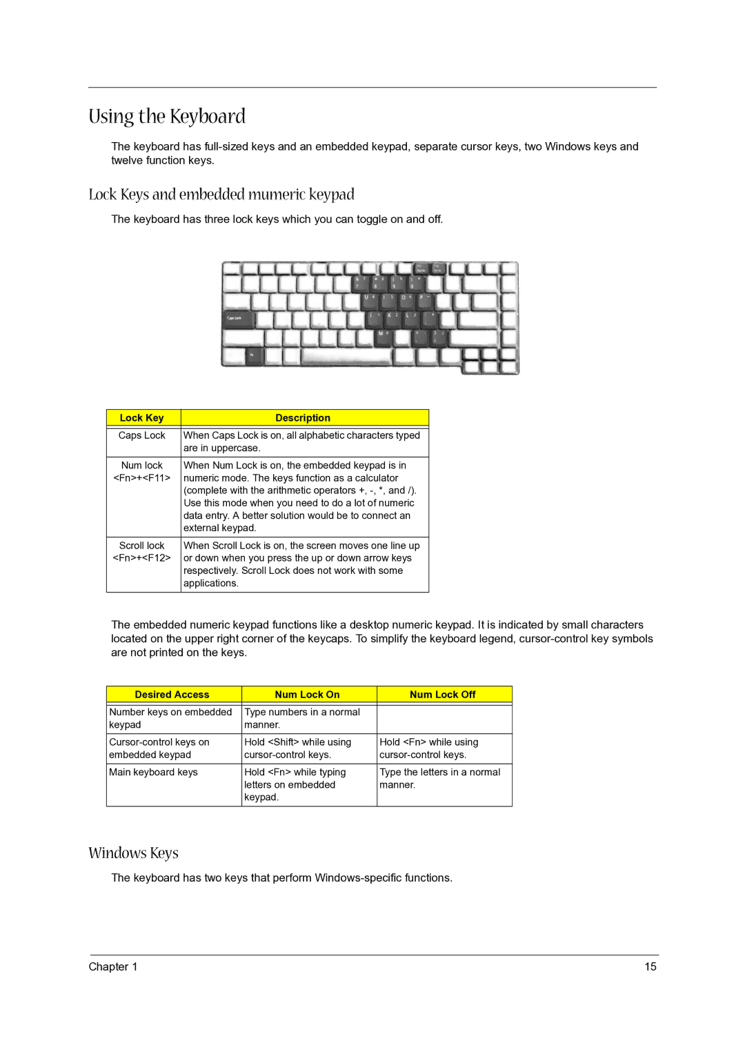 Acer 5020 manual Using the Keyboard, Lock Keys and embedded mumeric keypad, Windows Keys, Lock Key Description 