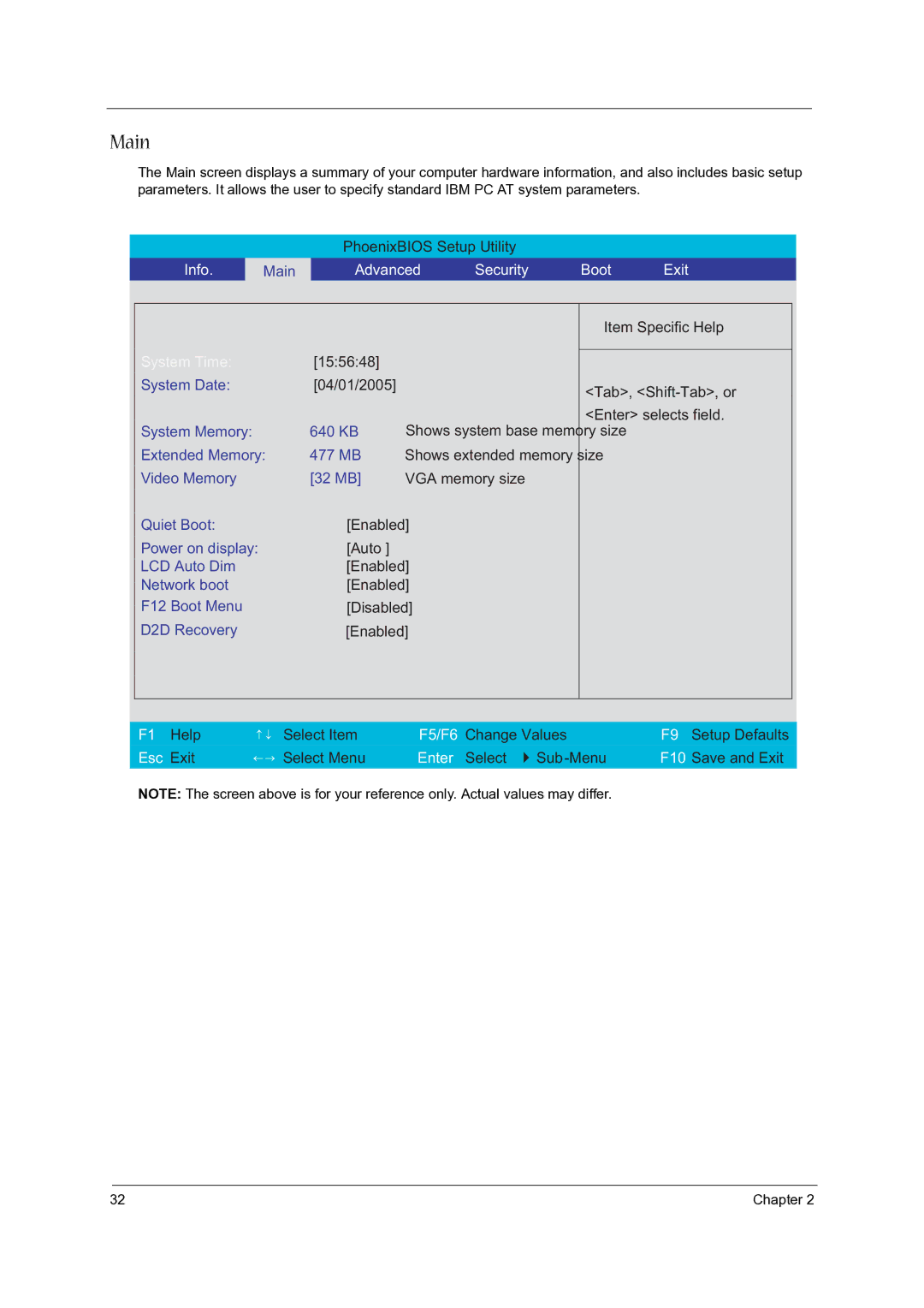 Acer 5020 manual Main, Advanced Security Boot Exit 