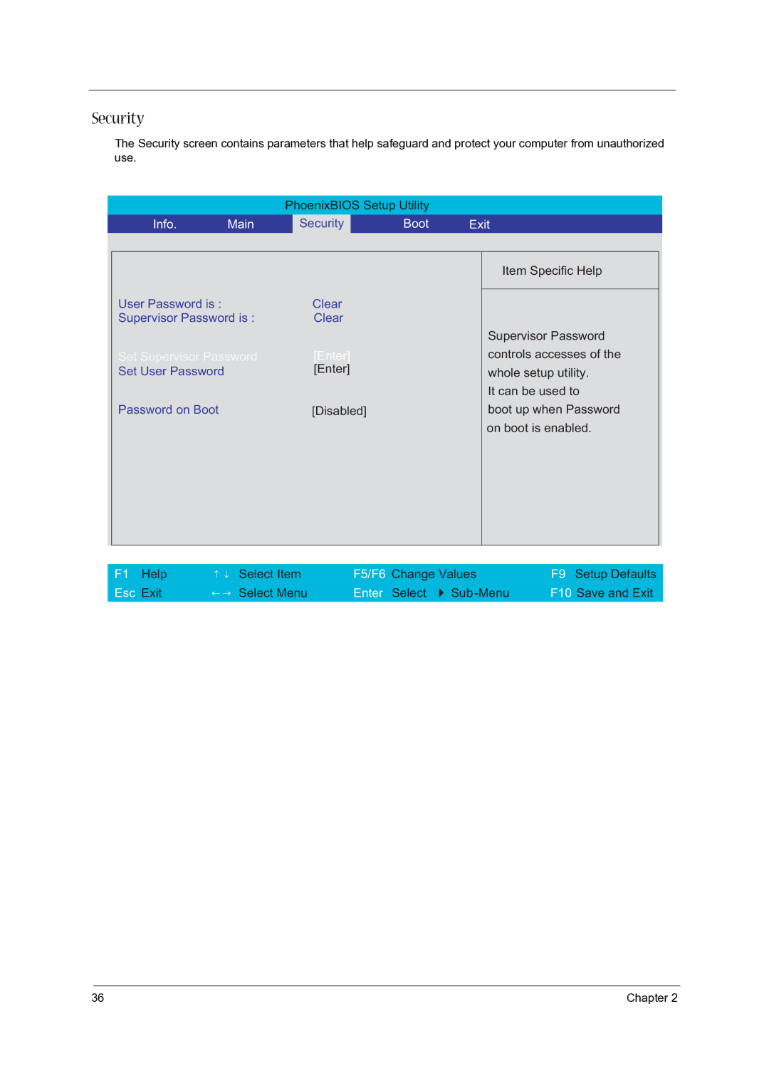 Acer 5020 manual Security, Boot Exit 